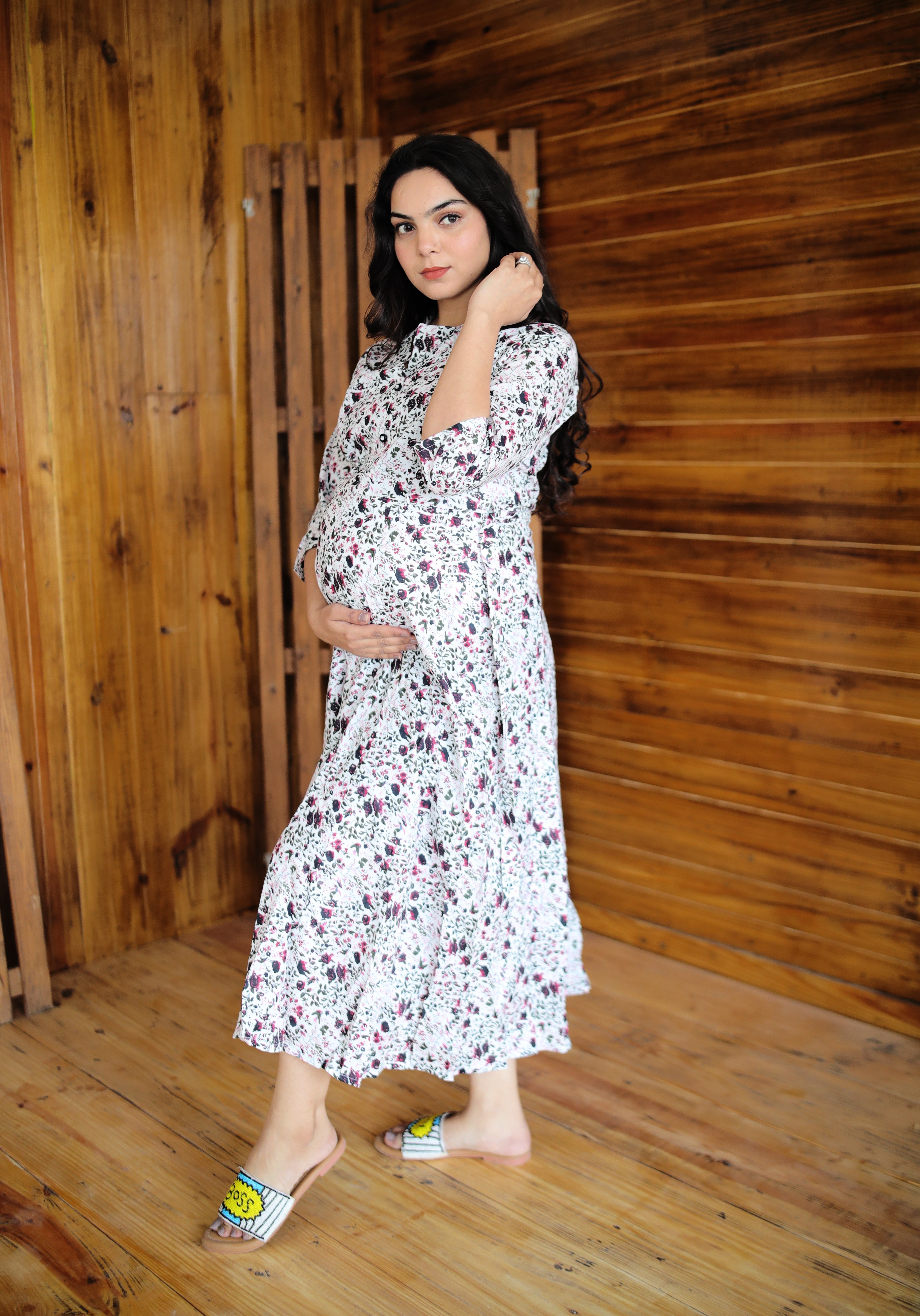Plus size Floral Print Maternity Dress with fabric belt