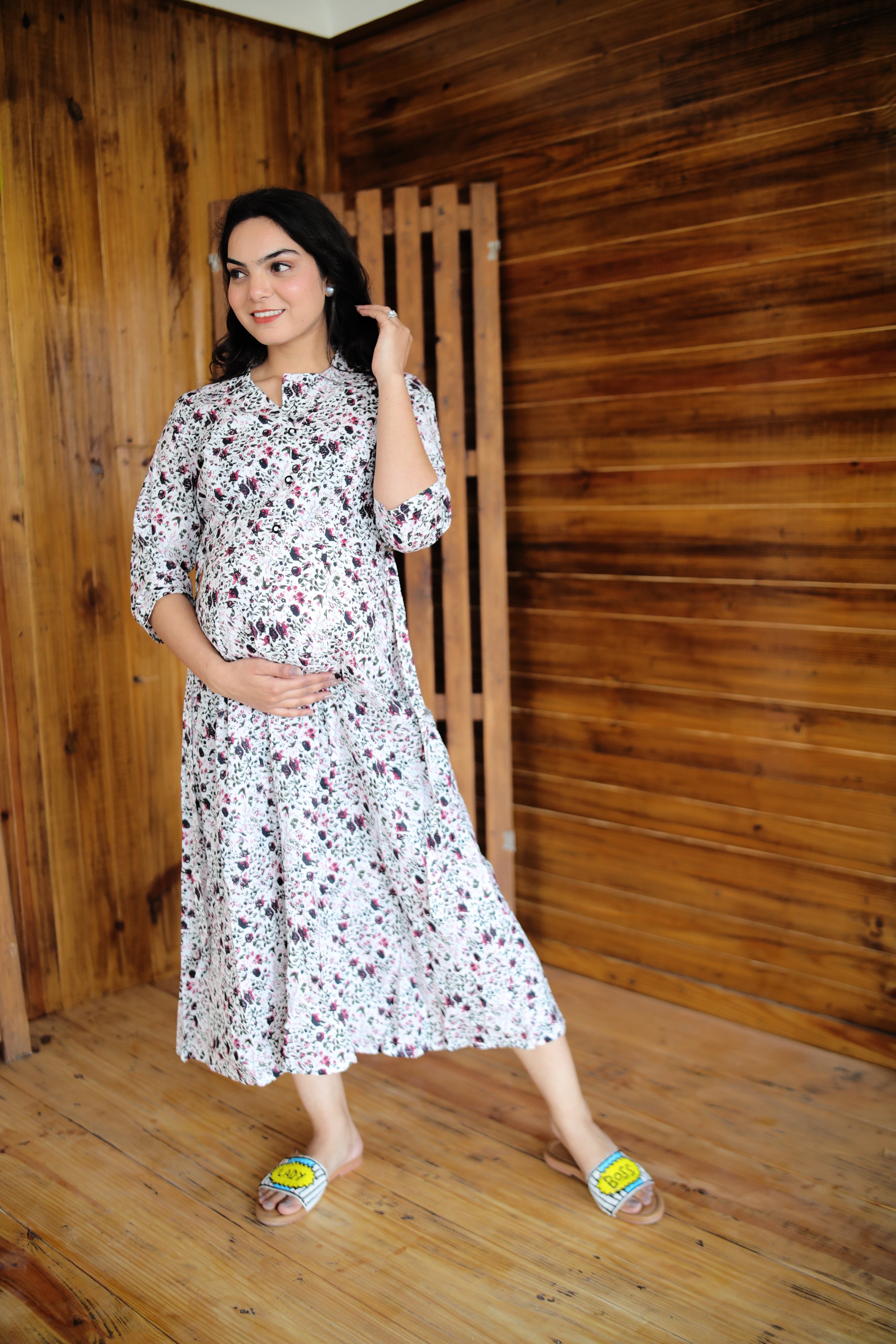 Plus size Floral Print Maternity Dress with fabric belt
