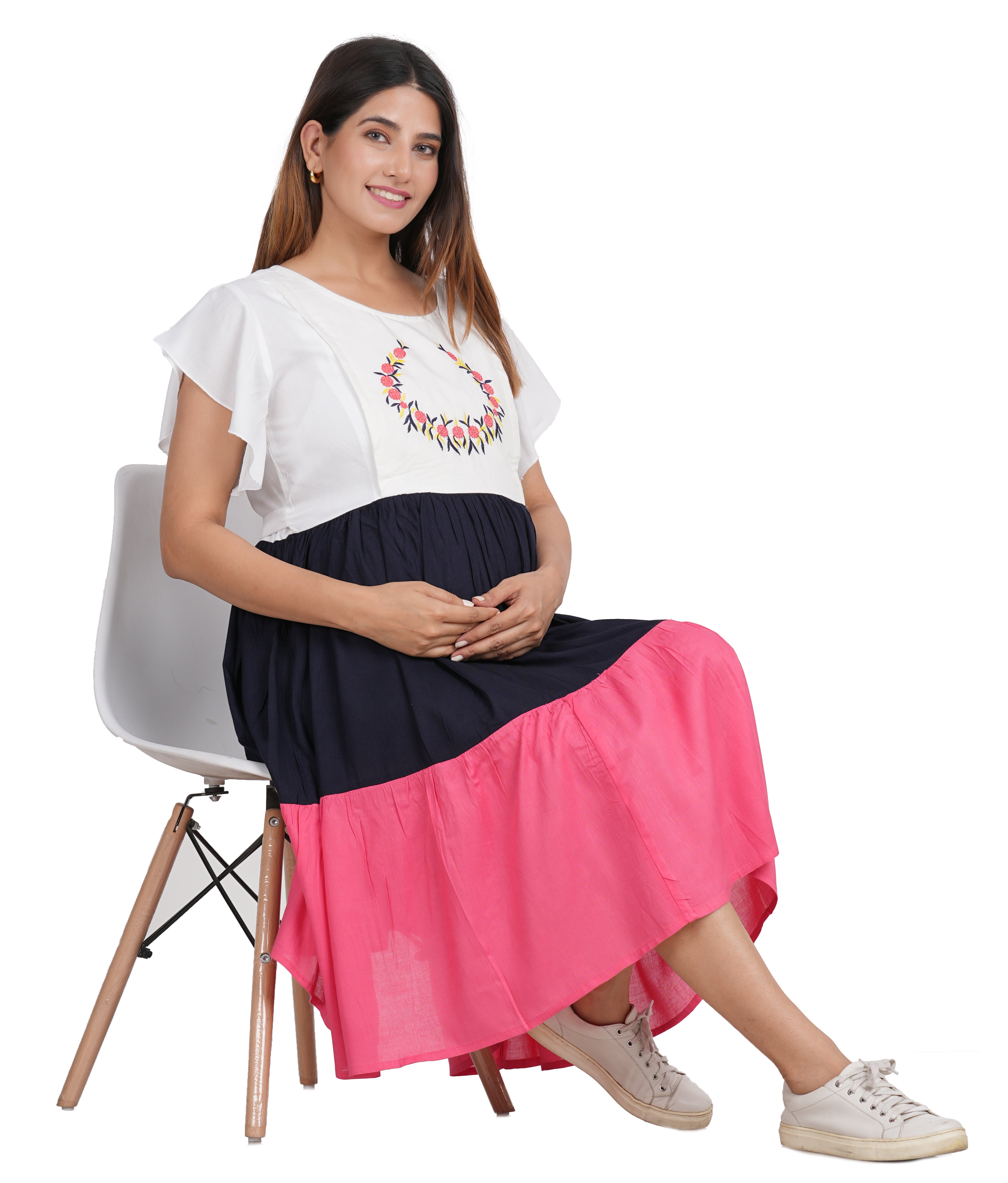 Rayon Maternity Dress with Cap Sleeves and Embroidery