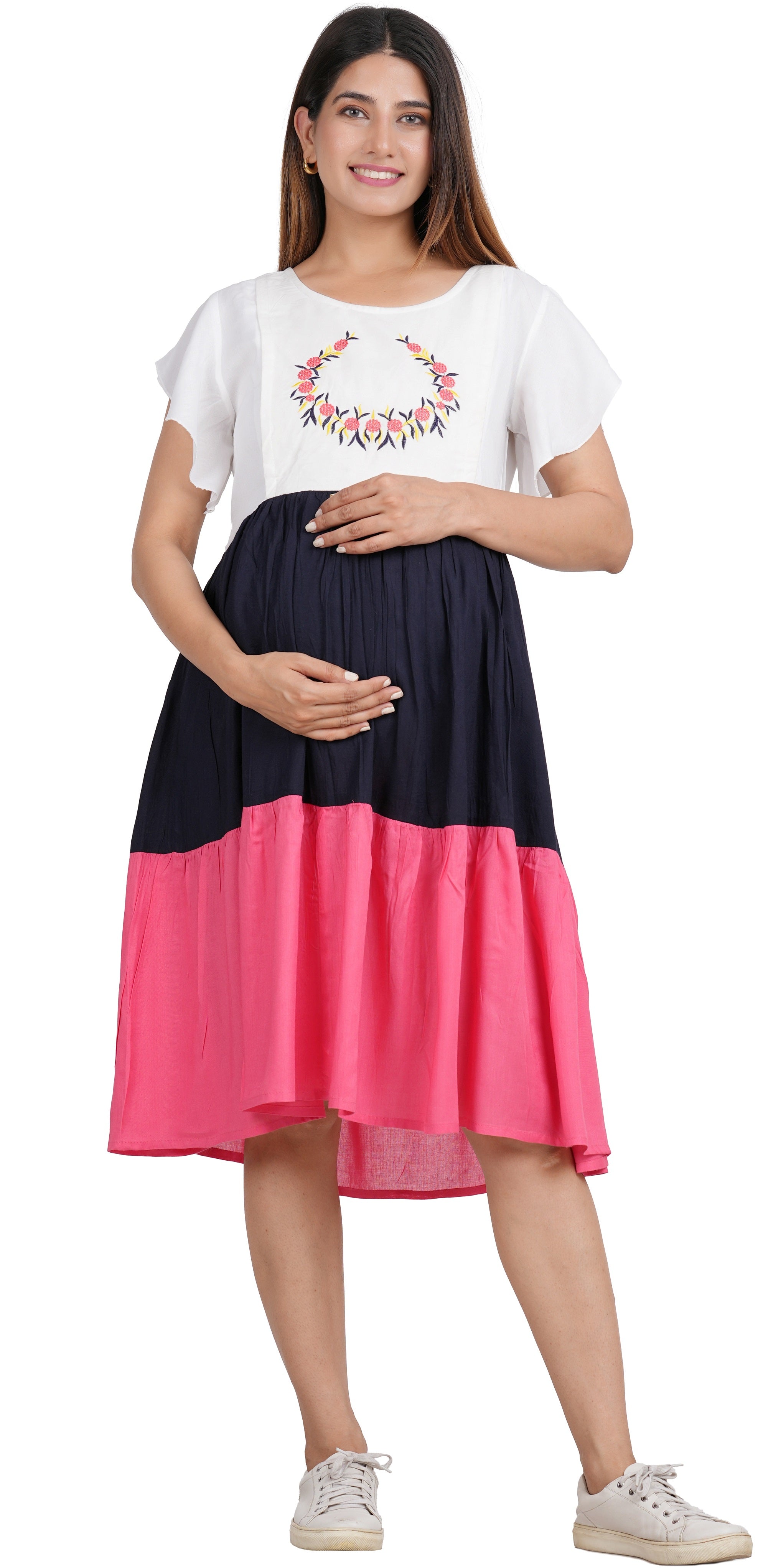 Rayon Maternity Dress with Cap Sleeves and Embroidery
