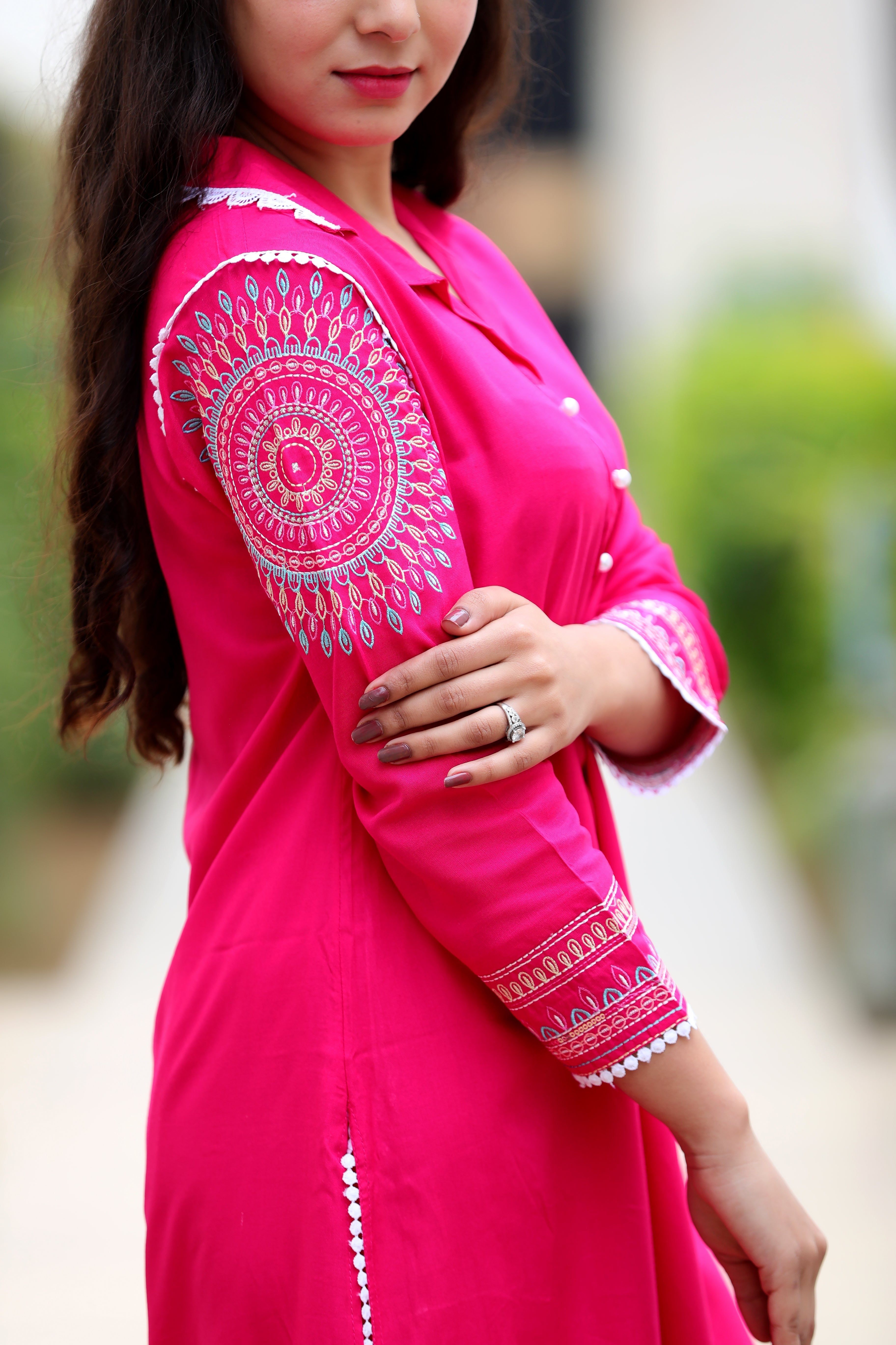 Plus Size Pink Rayon Embroidered Co-ord Set