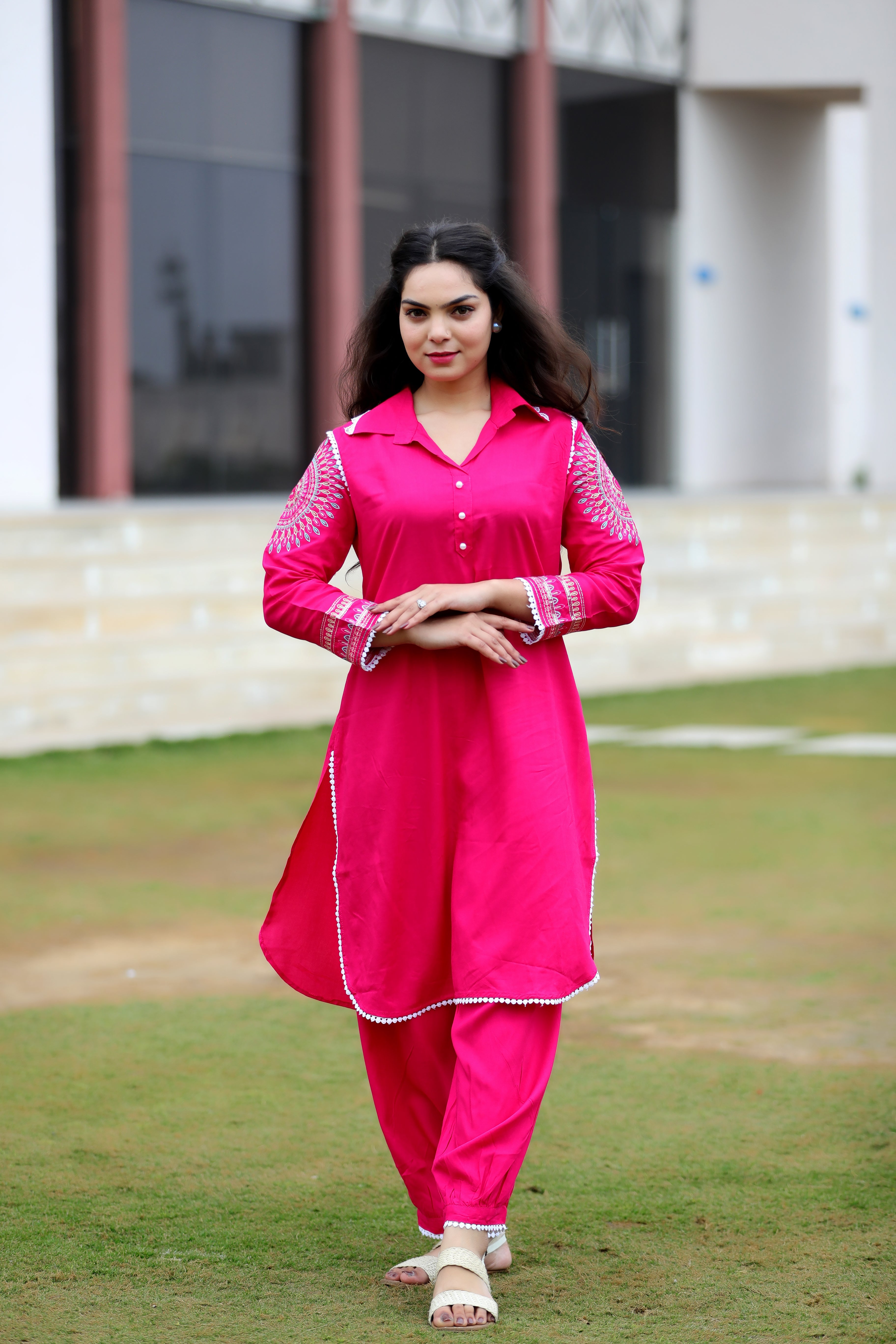 GMI Pink Embroidery Sleeves Rayon Afghani Kurta Pant Set