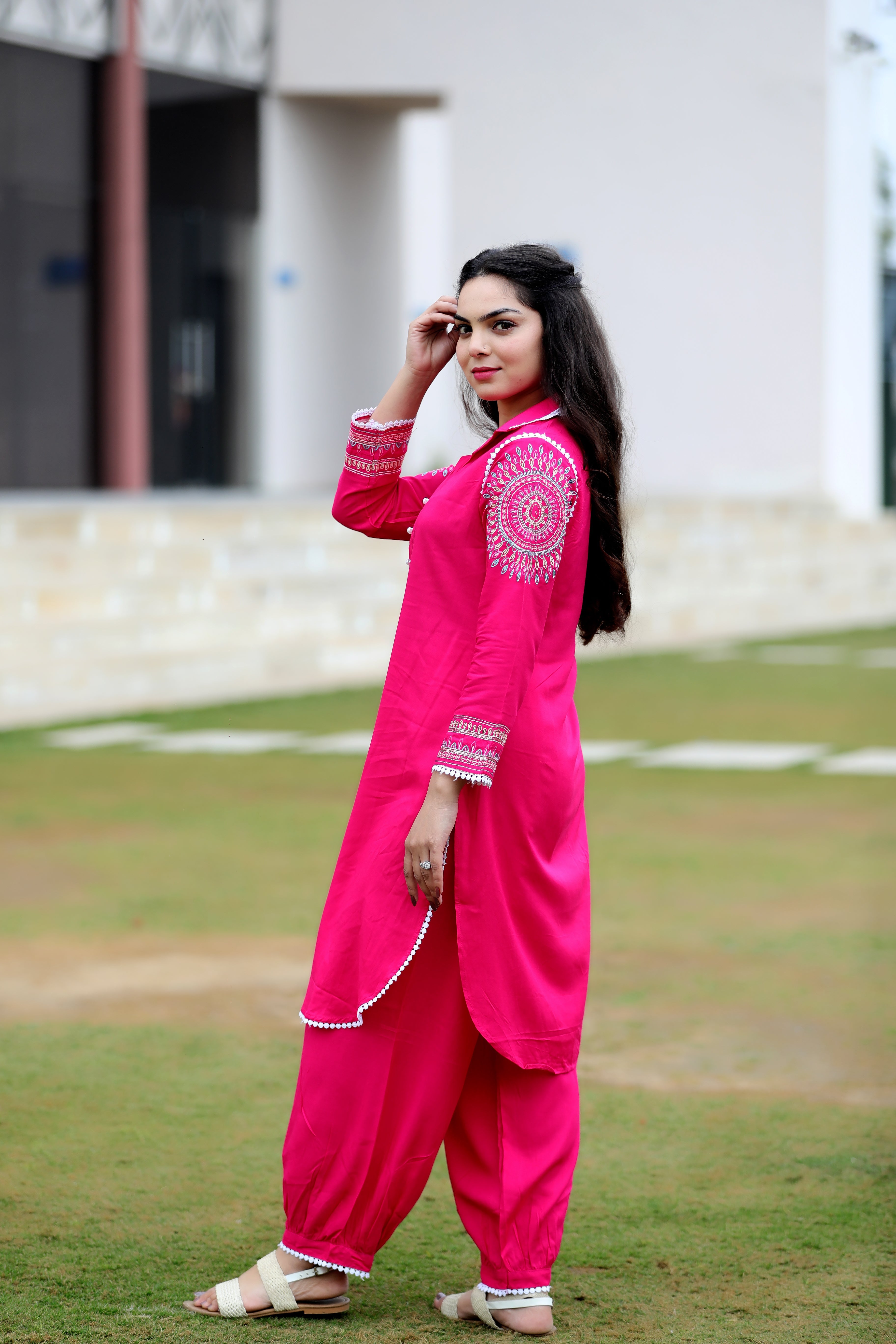 GMI Pink Embroidery Sleeves Rayon Afghani Kurta Pant Set