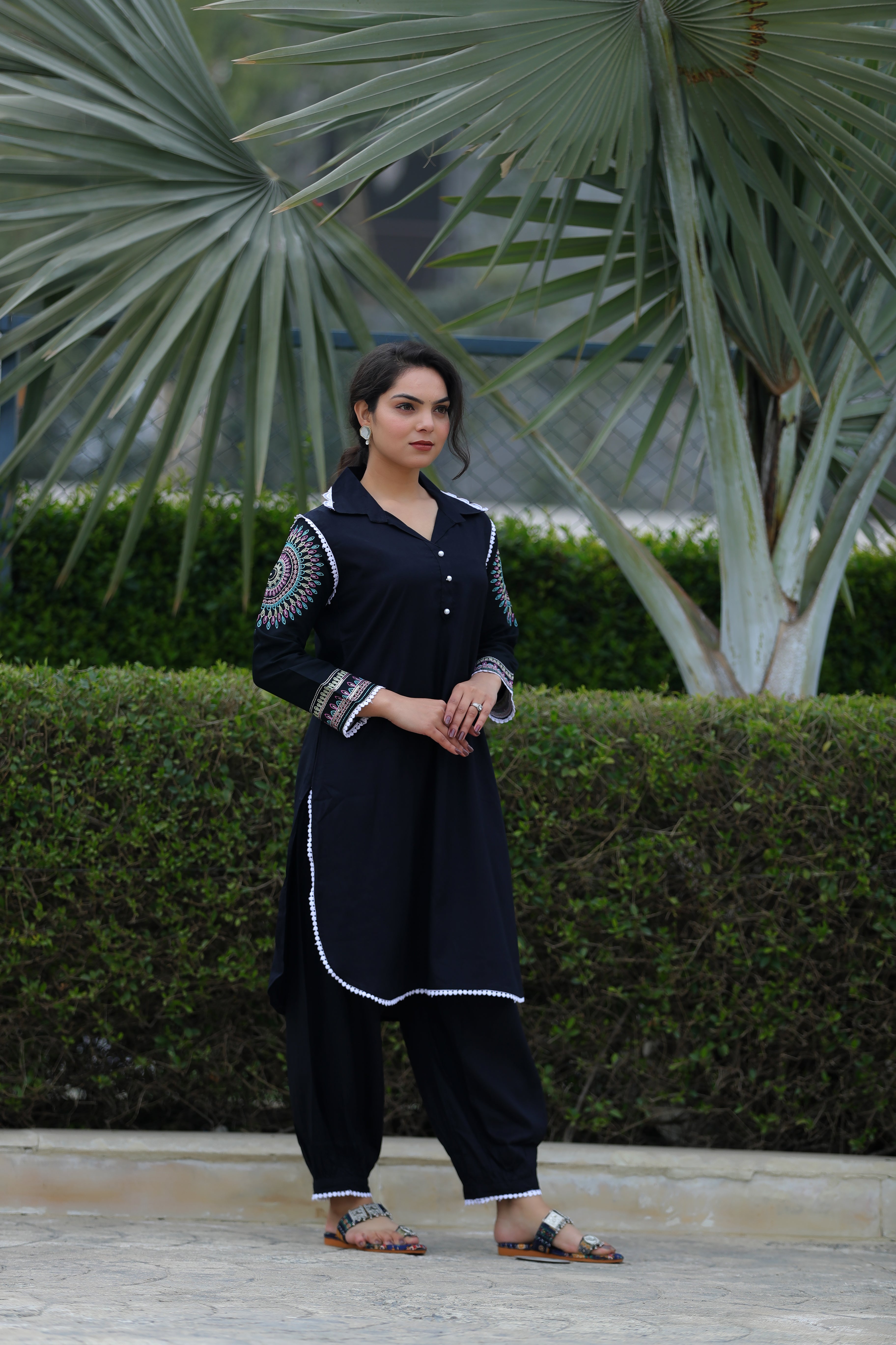 Plus Size Black Rayon Embroidered Co-ord Set