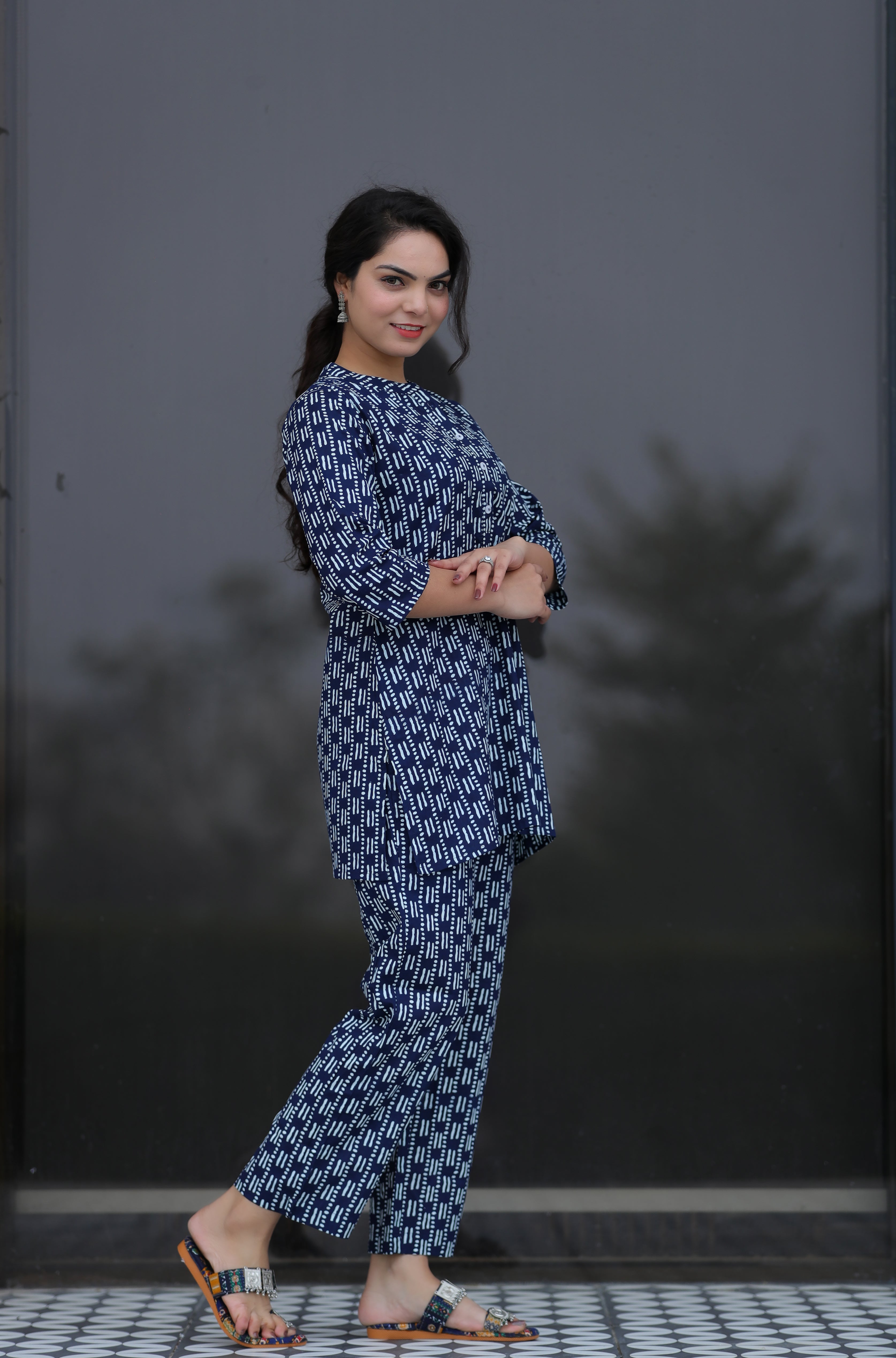 Chic Blue and White Printed Night Suit
