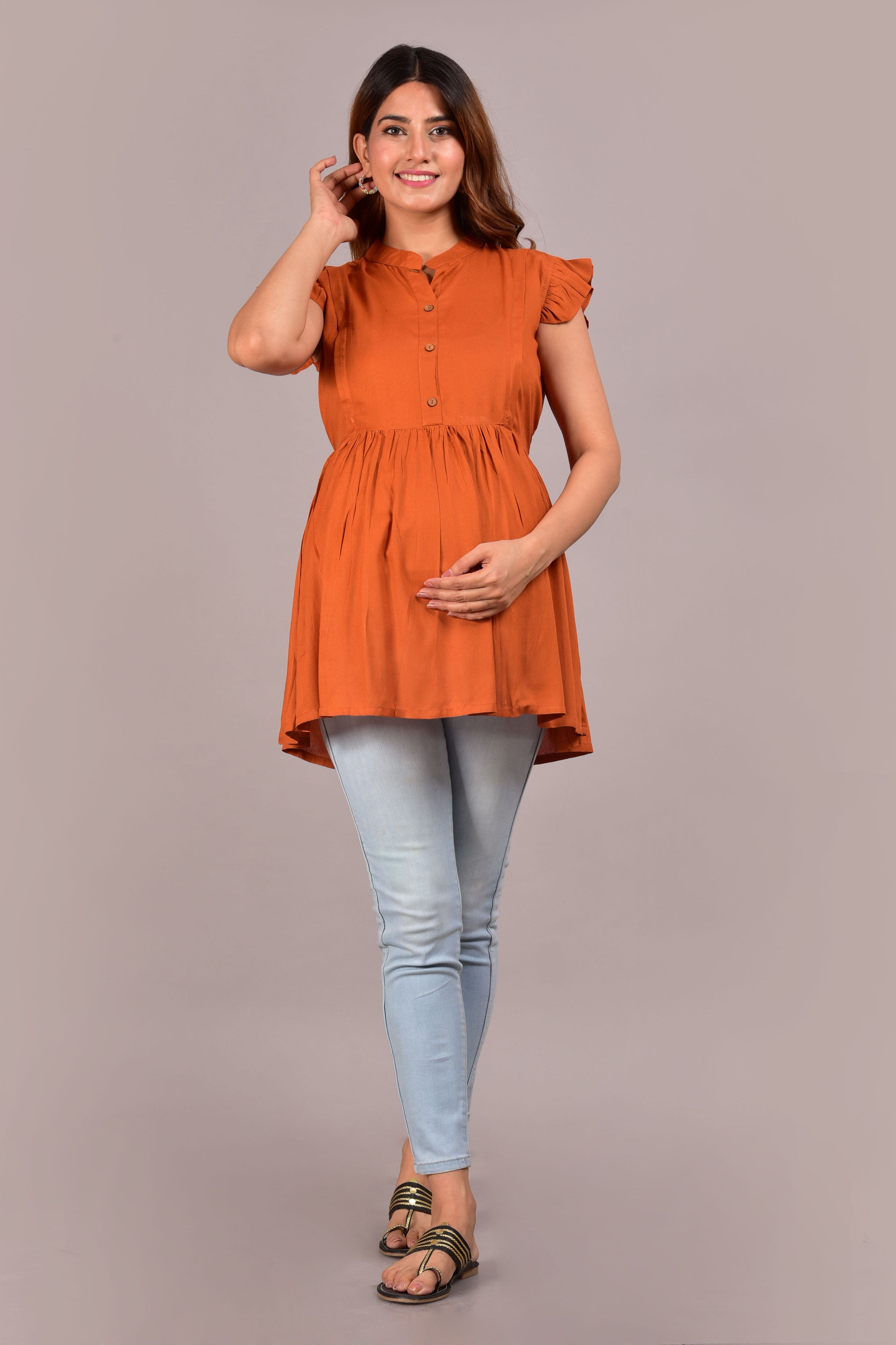 Maternity Top with Cap Sleeves and Mandarin Collar