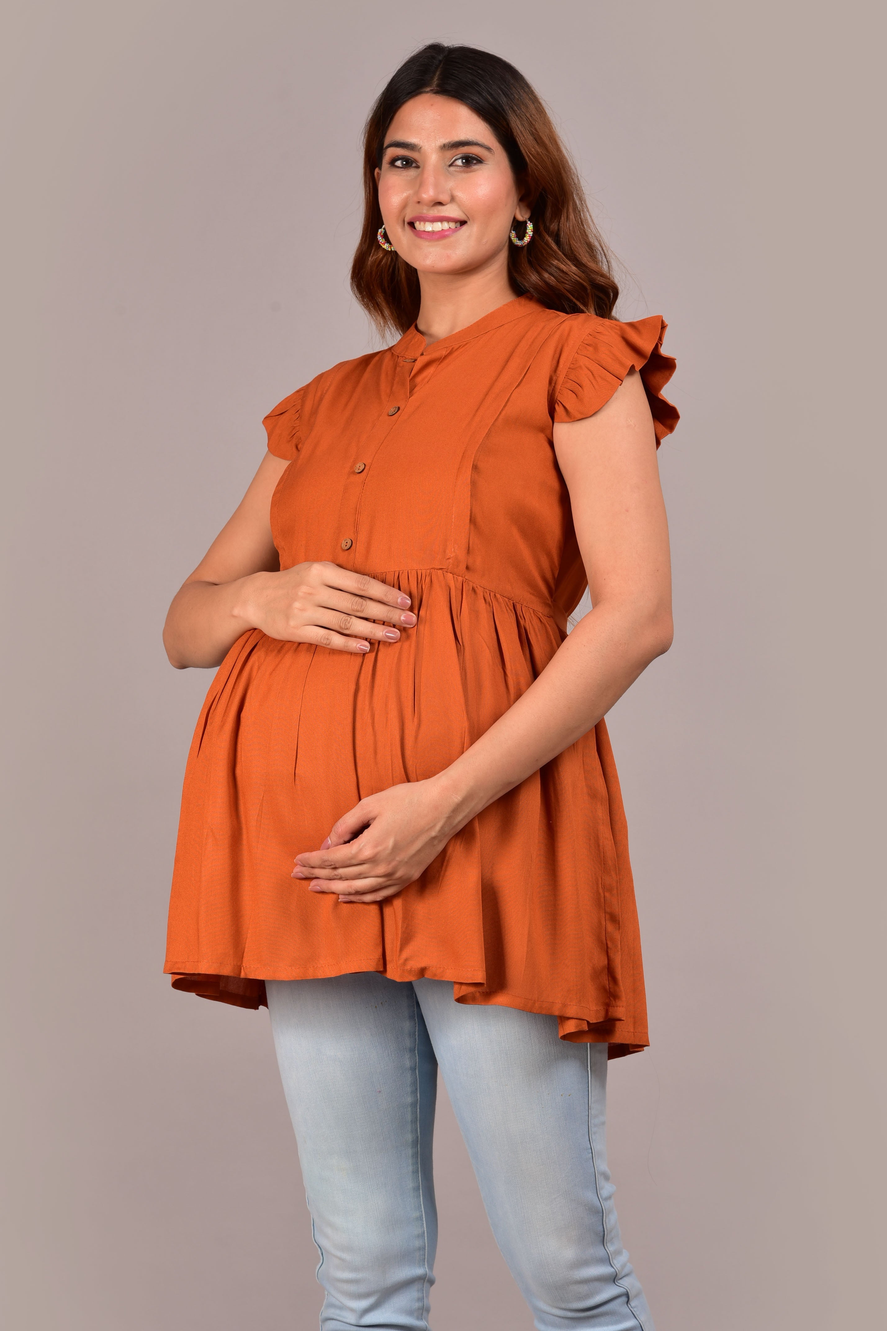 Maternity Top with Cap Sleeves and Mandarin Collar