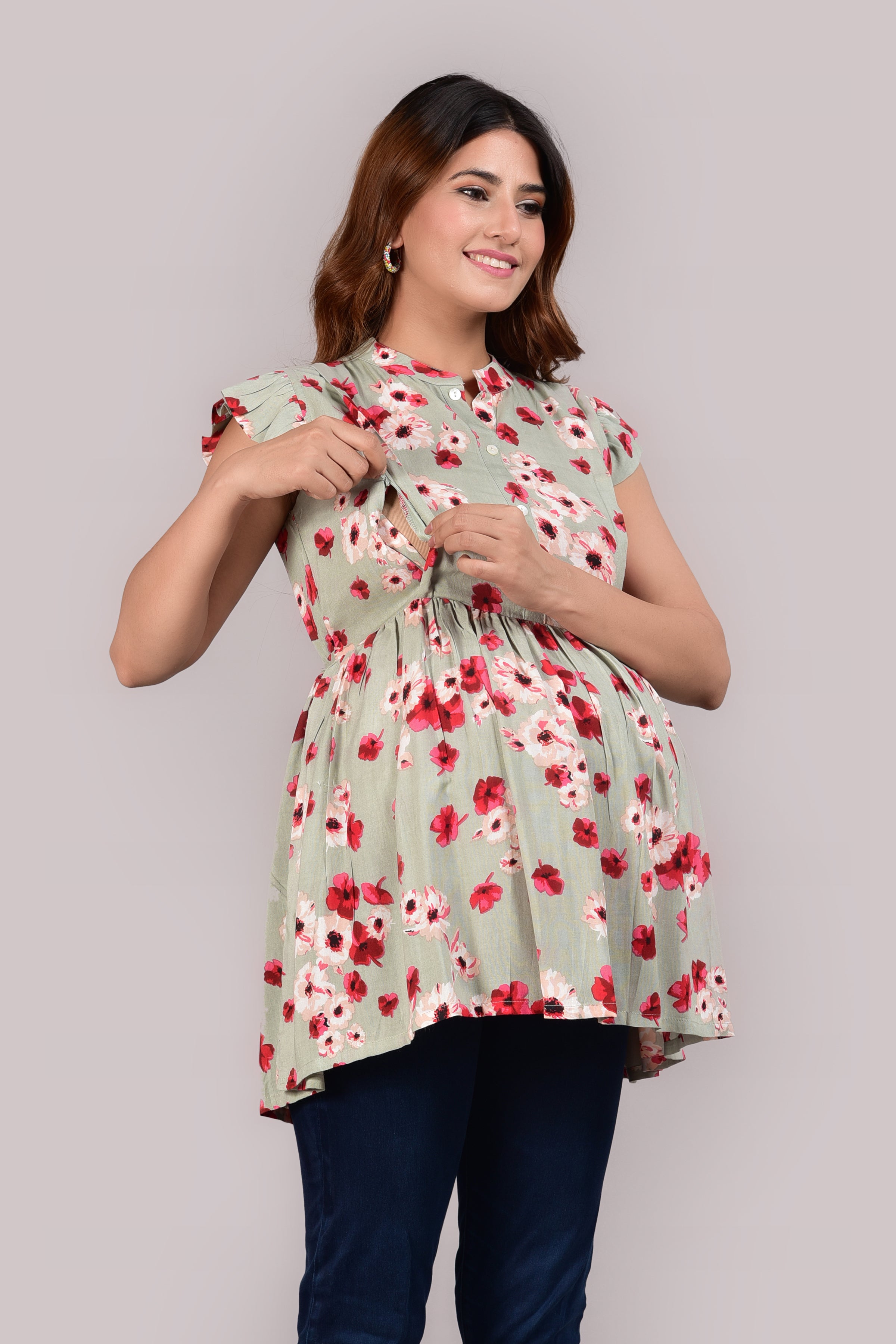 Floral Print Rayon Maternity Top with Twin Zipper