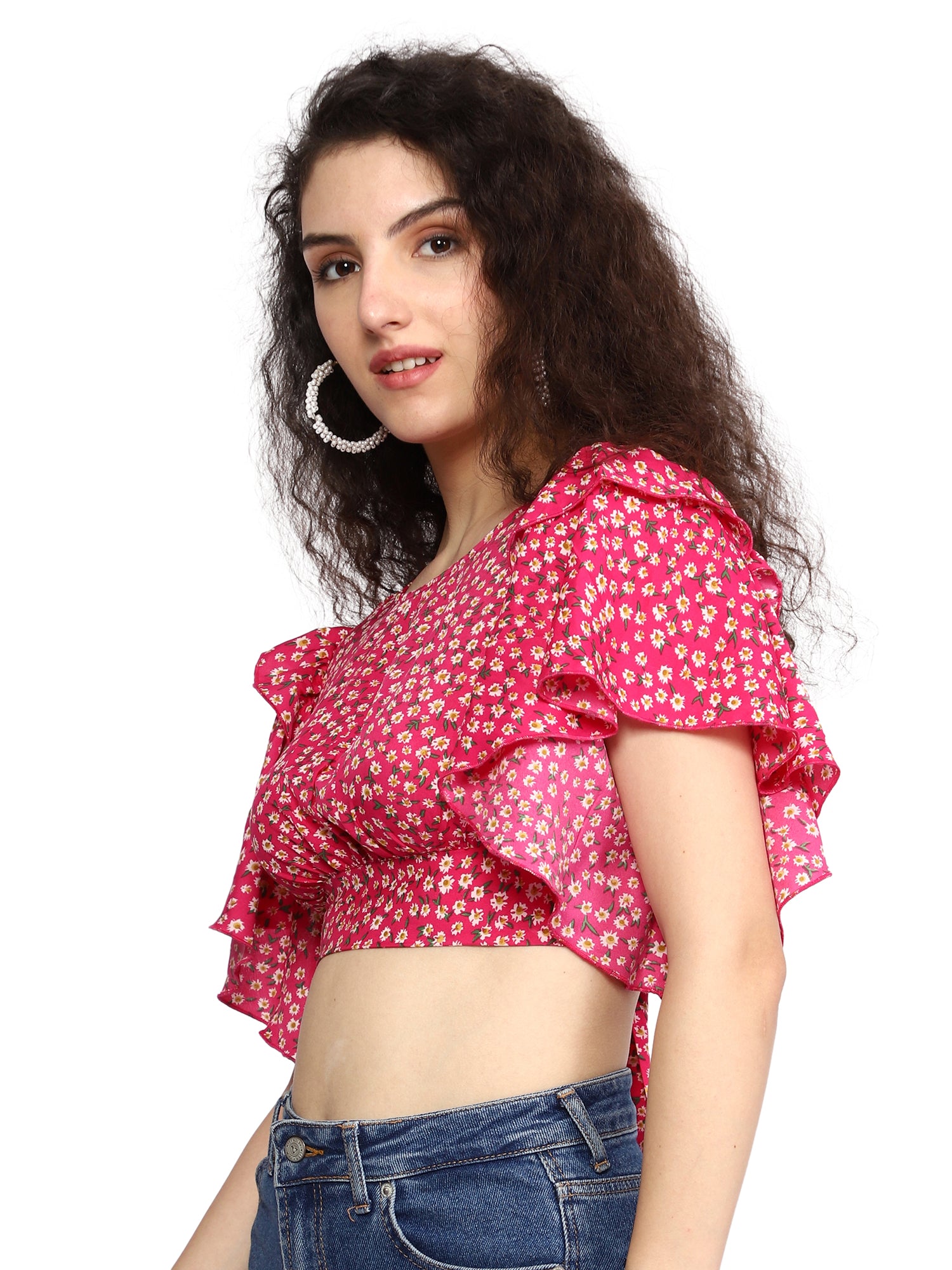 Pink Floral Print Boat Neck Top: Relaxed Fit
