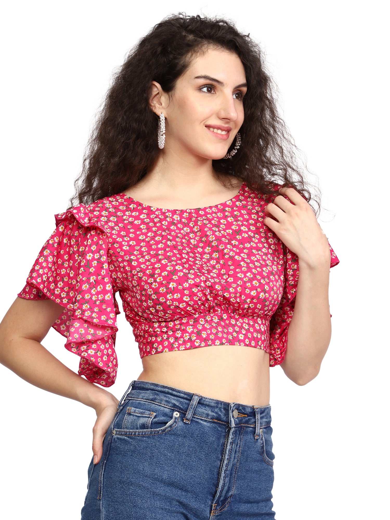 Pink Floral Print Boat Neck Top: Relaxed Fit