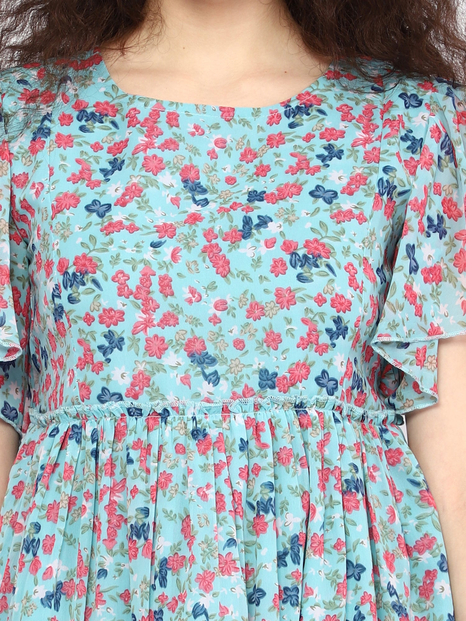 Elegant Floral Print Georgette Dress with Flared Sleeves