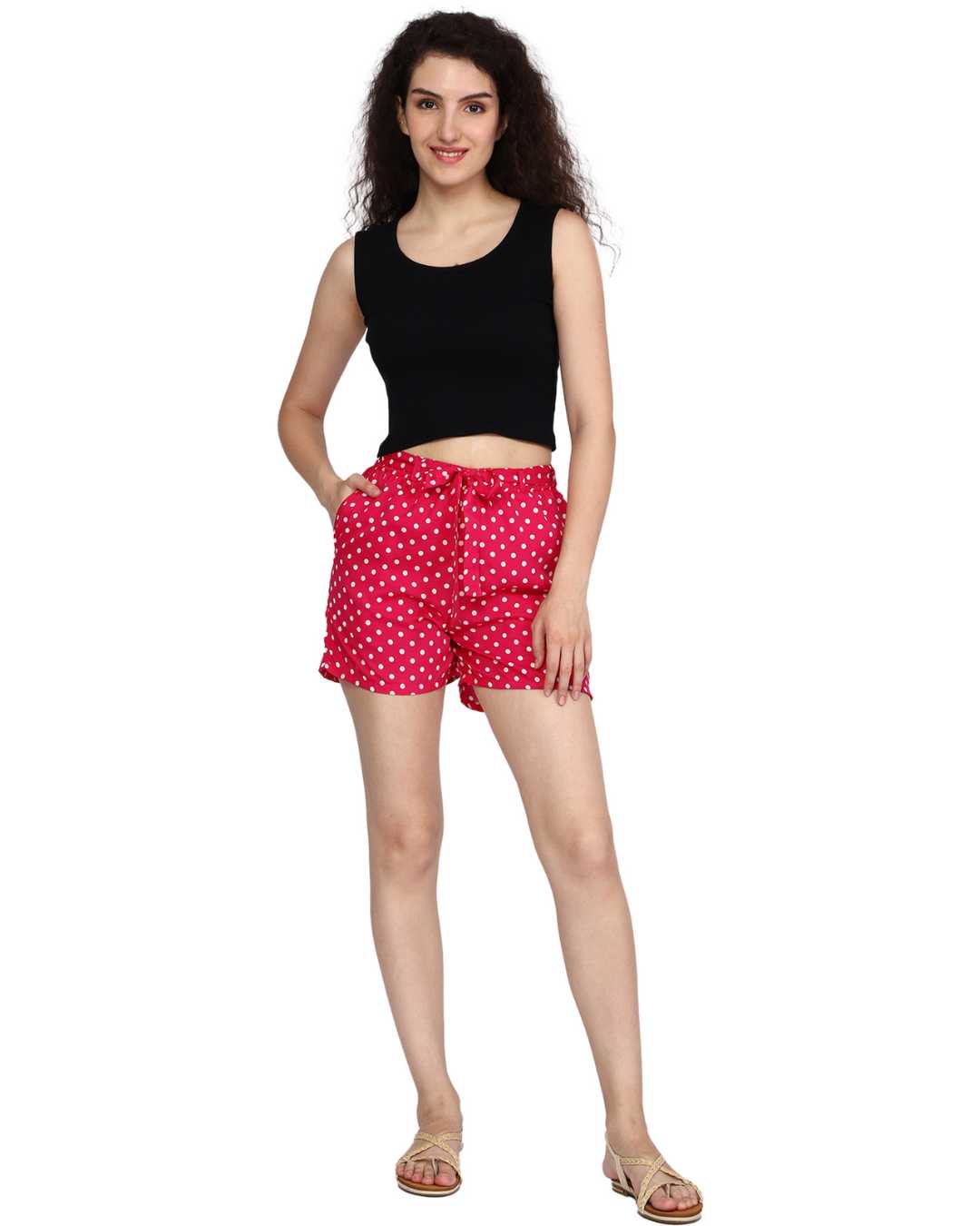 Plus size Polka Print Women Pink Regular Shorts, High Waist Shorts