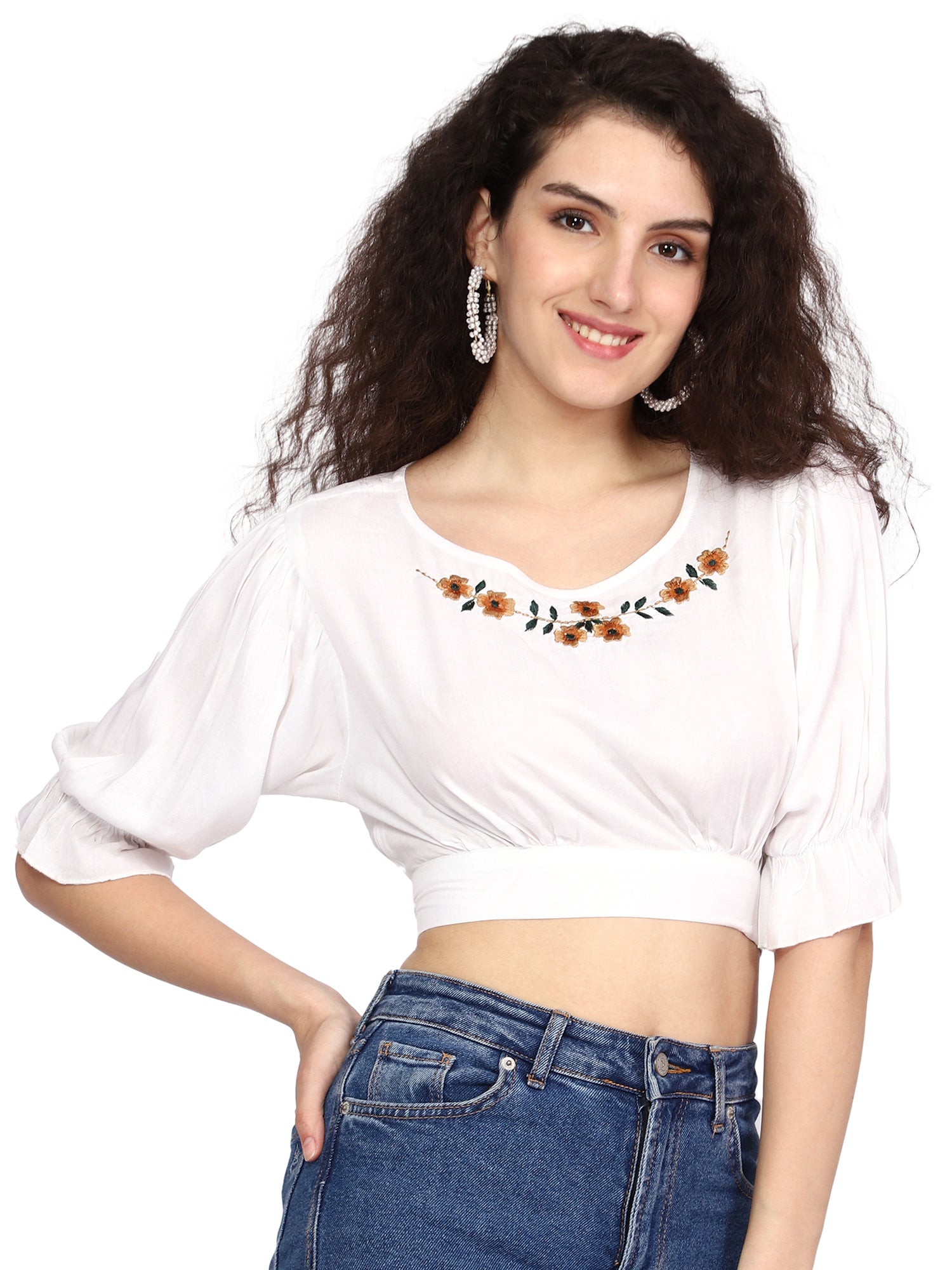 Chic Embroidered Half Sleeves Crop Top