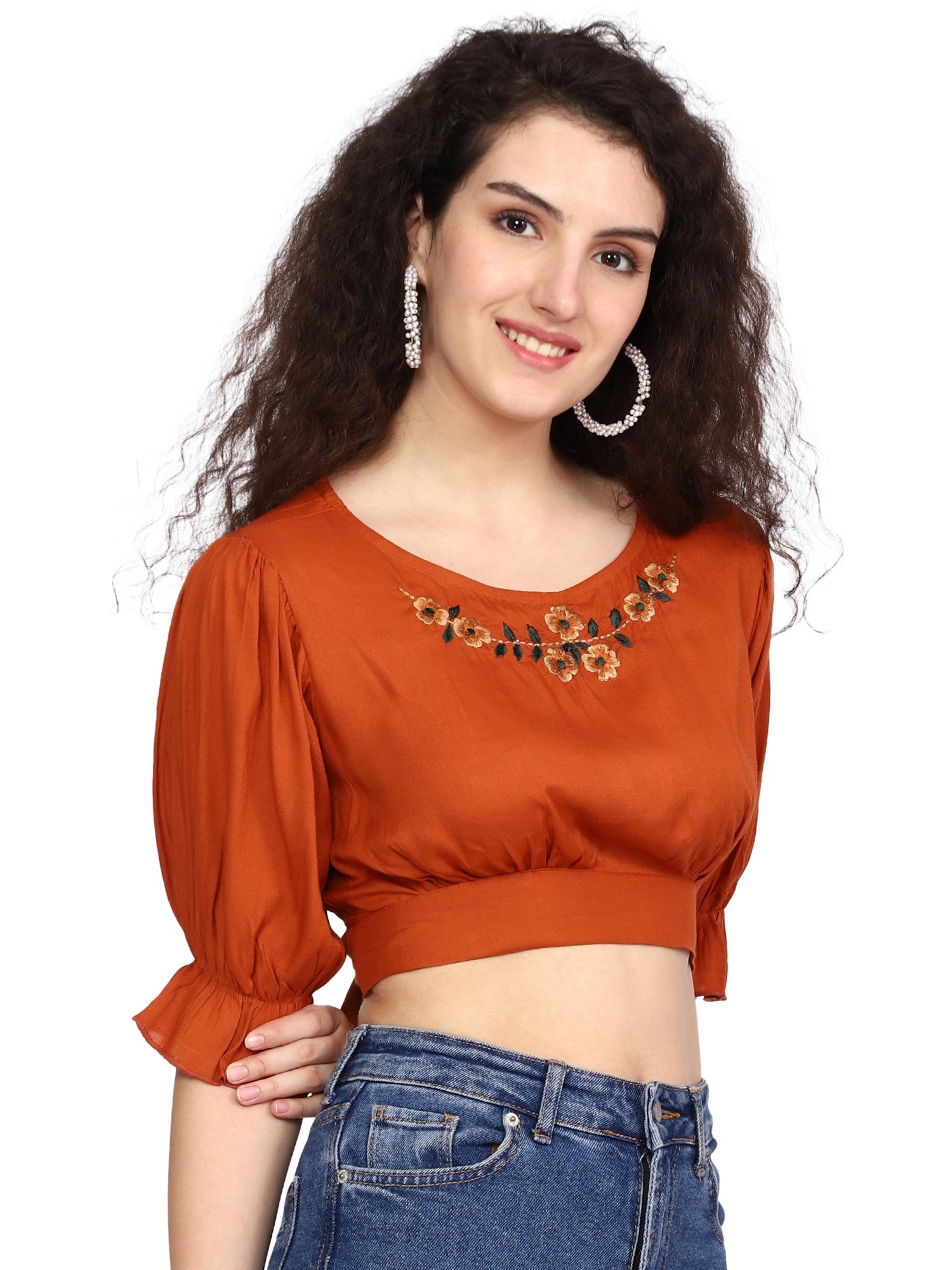 Chic Embroidered Half Sleeves Crop Top