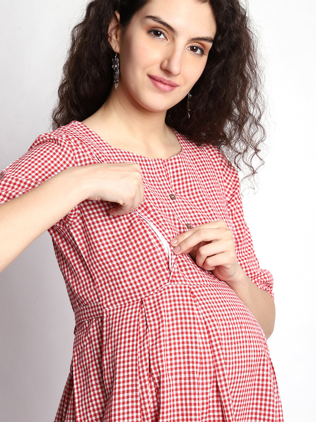 Pure Cotton Checkered Print Maternity Dress with Twin Zipper Design