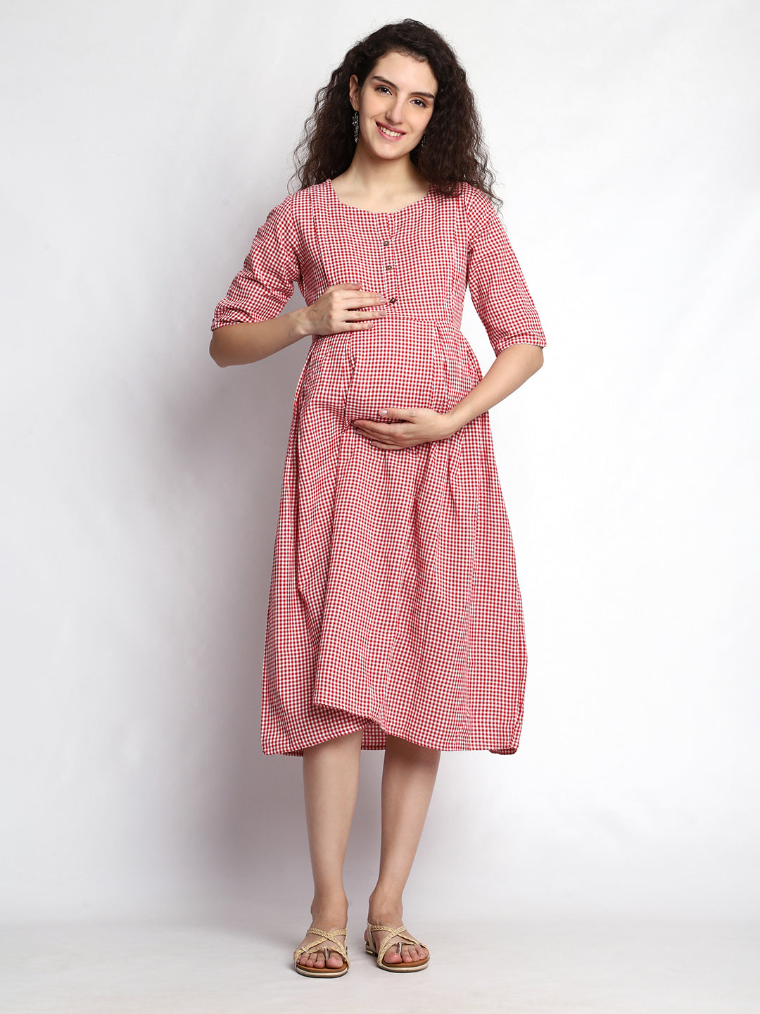 Plus size Pure Cotton Checkered Print Maternity Dress with Twin Zipper Design