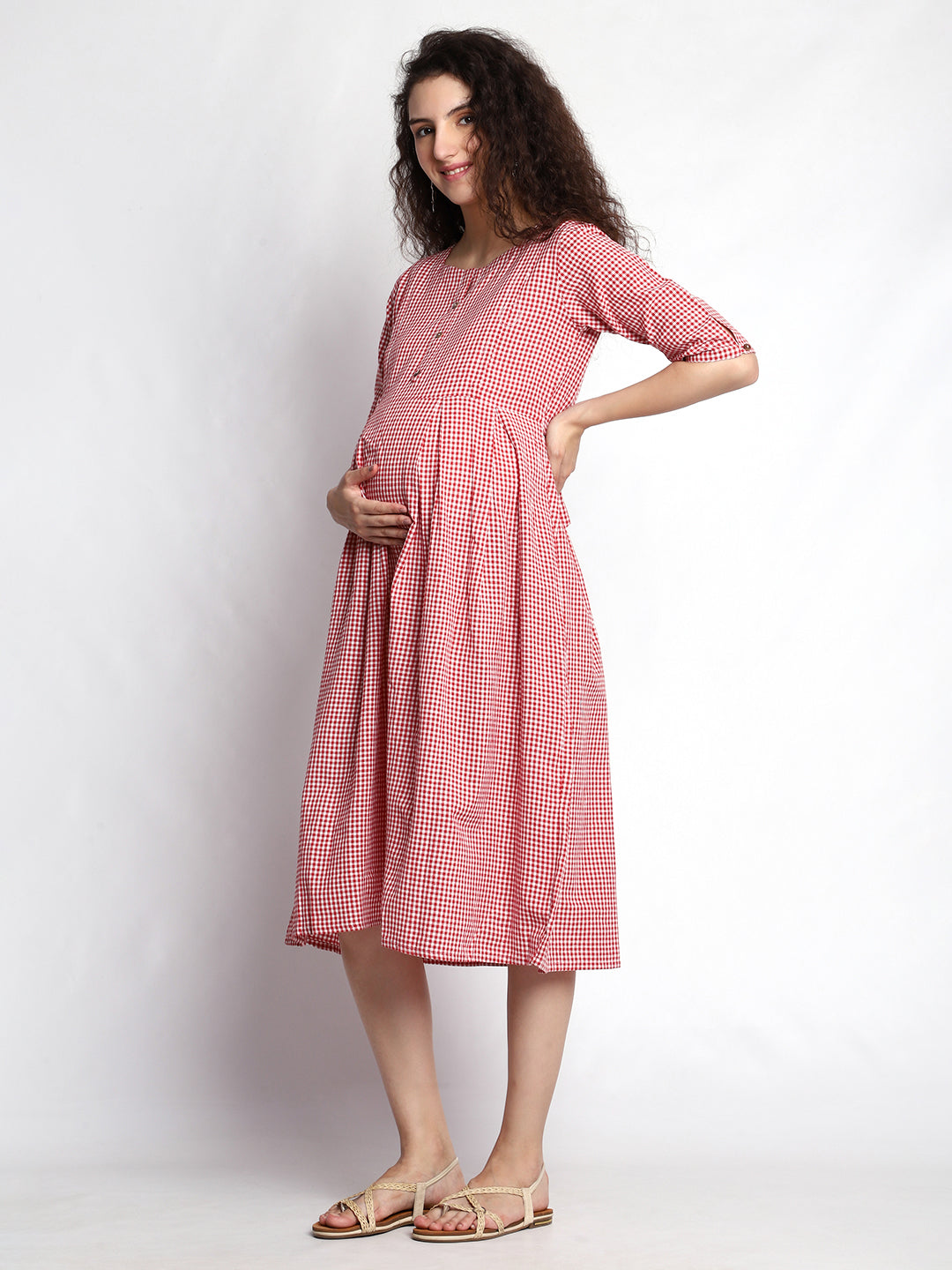 Plus size Pure Cotton Checkered Print Maternity Dress with Twin Zipper Design