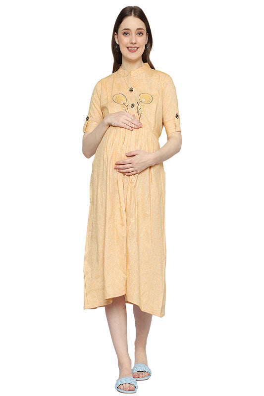 Plus size Cotton Pastal Yellow Maternity Dress with Twin Zipper Design