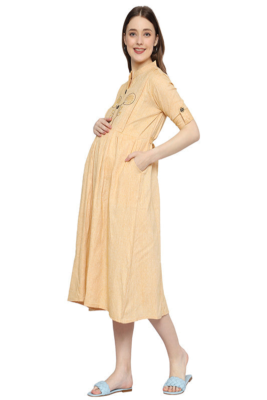 Plus size Cotton Pastal Yellow Maternity Dress with Twin Zipper Design