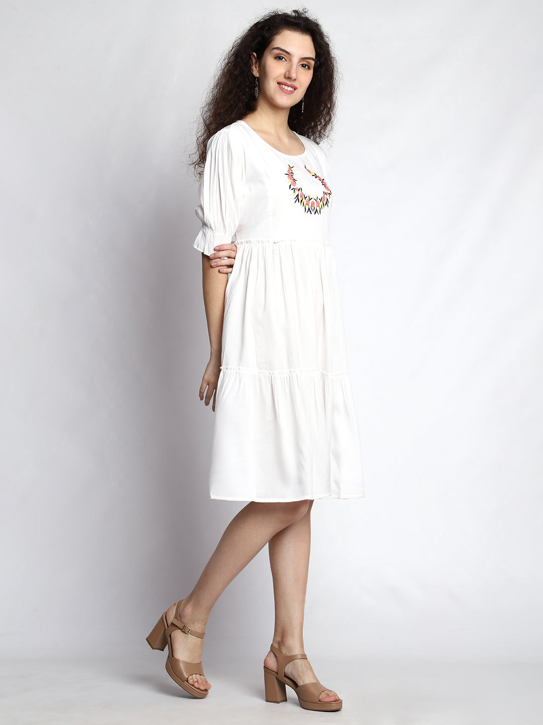 Timeless White Embroidered Pleated Dress