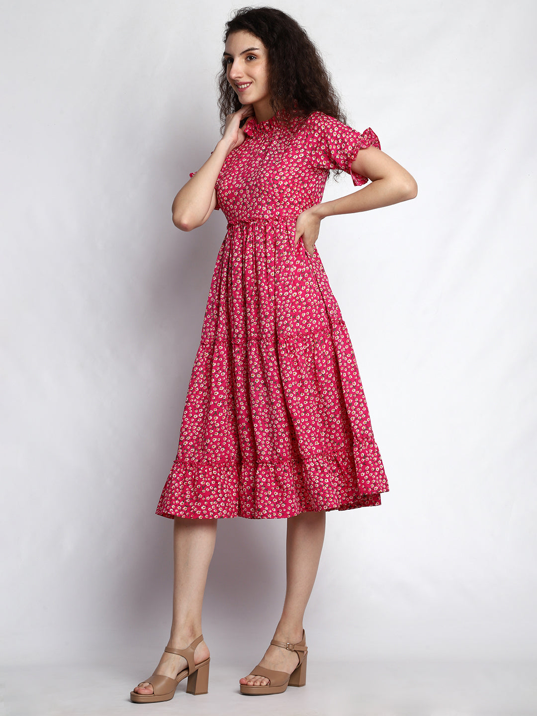 Charming Pink Floral Print Fit and Flare Dress