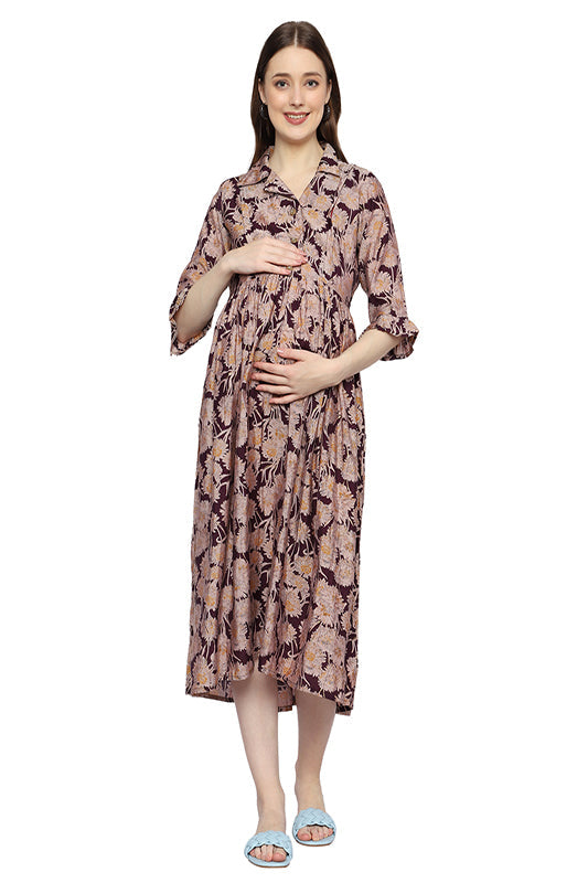 Stylish Cuban Collar Maternity Dress in Modal Fabric