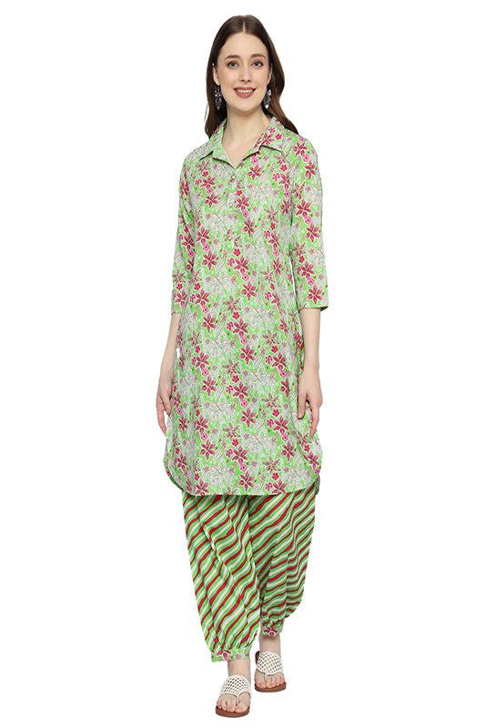 Plus Size Green Printed Rayon Ethnic Co-ord Set with V-Neck and Pockets