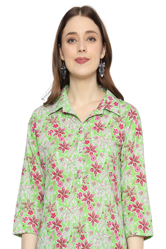 Plus Size Green Printed Rayon Ethnic Co-ord Set with V-Neck and Pockets