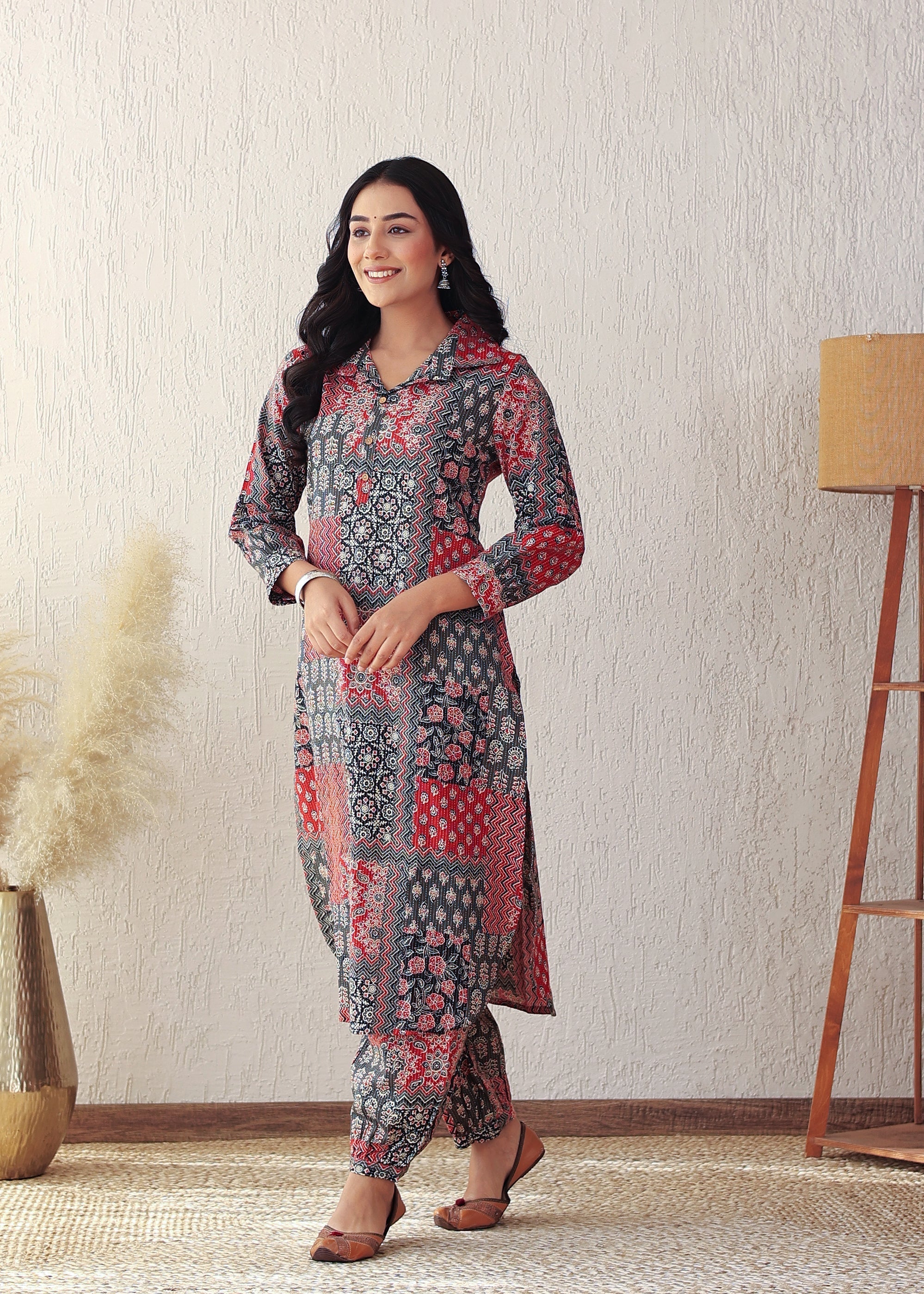 Plus Size Colorful Kantha Cotton Kurta Set with Afgani Pant