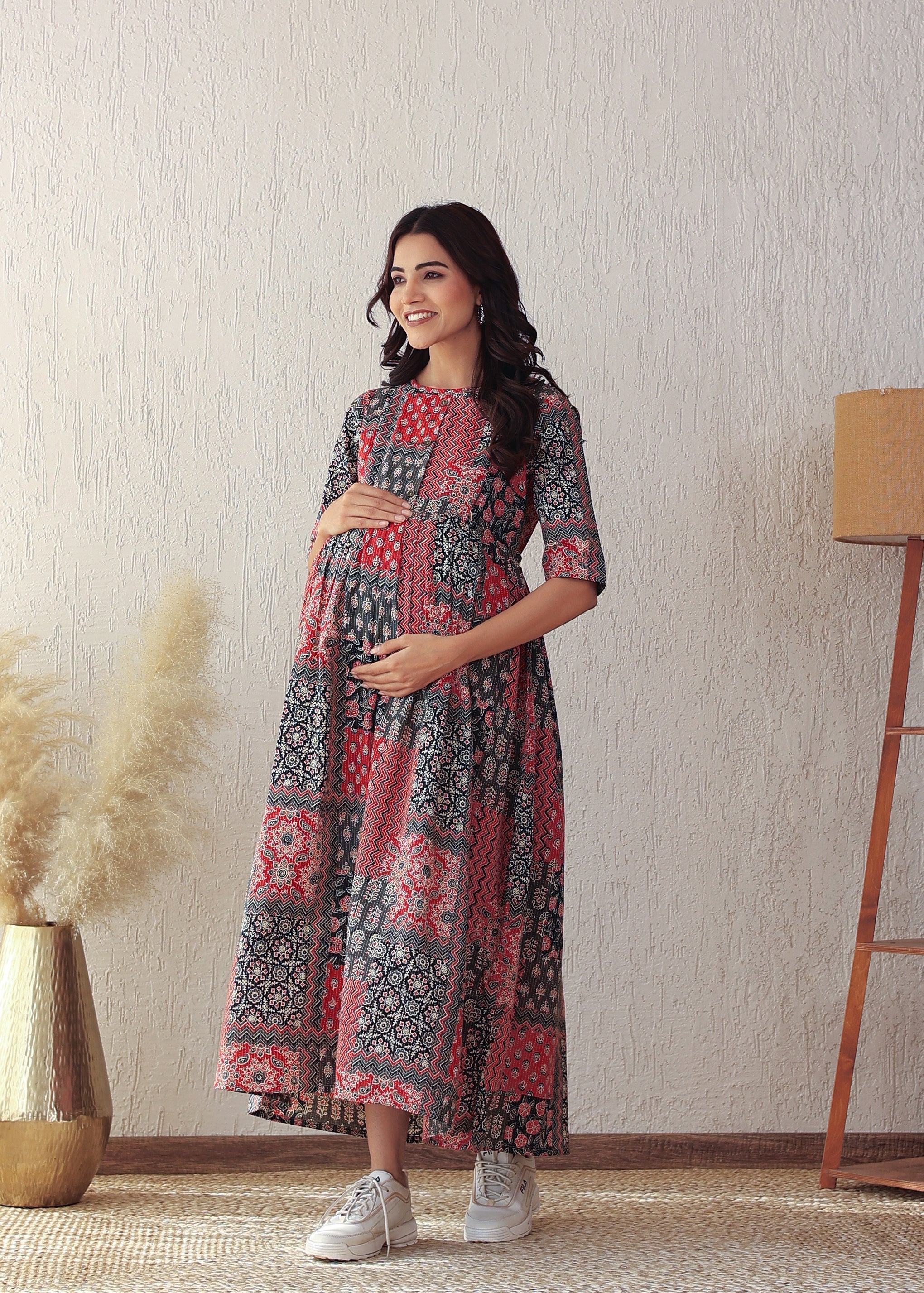 Black and Red Cotton Kantha Printed Maternity Dress