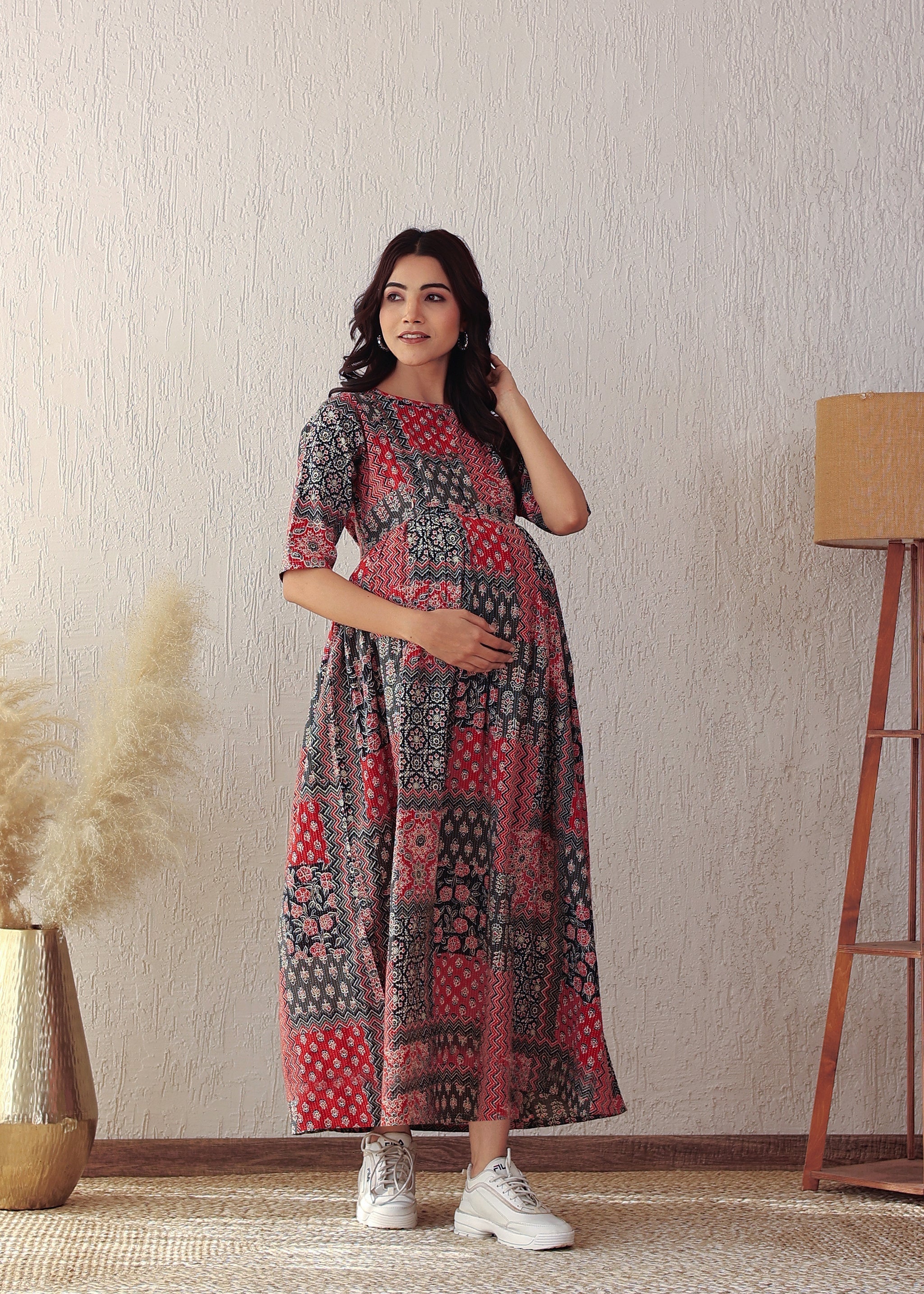 Plus size Black and Red Cotton Kantha Printed Nursing Gown