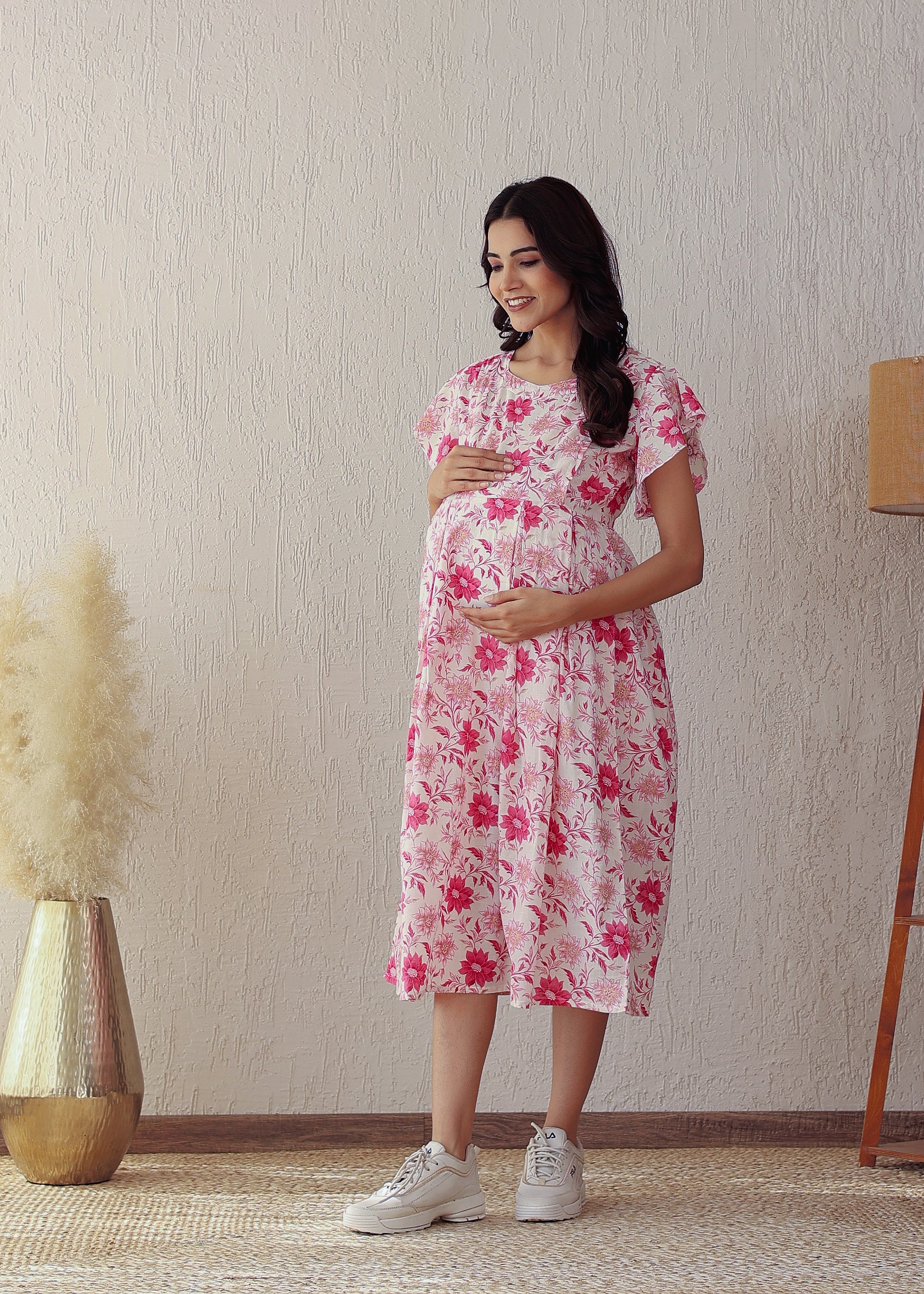 Pink & White Cotton Floral Maternity Dress