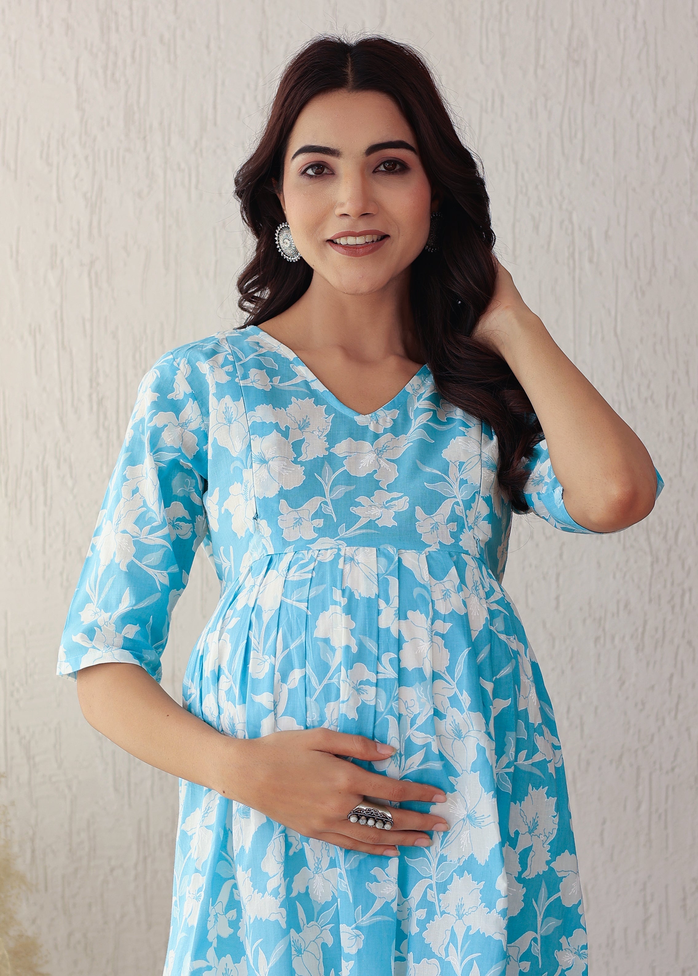 Plus Size Sky Blue Cotton Printed Nursing Gown