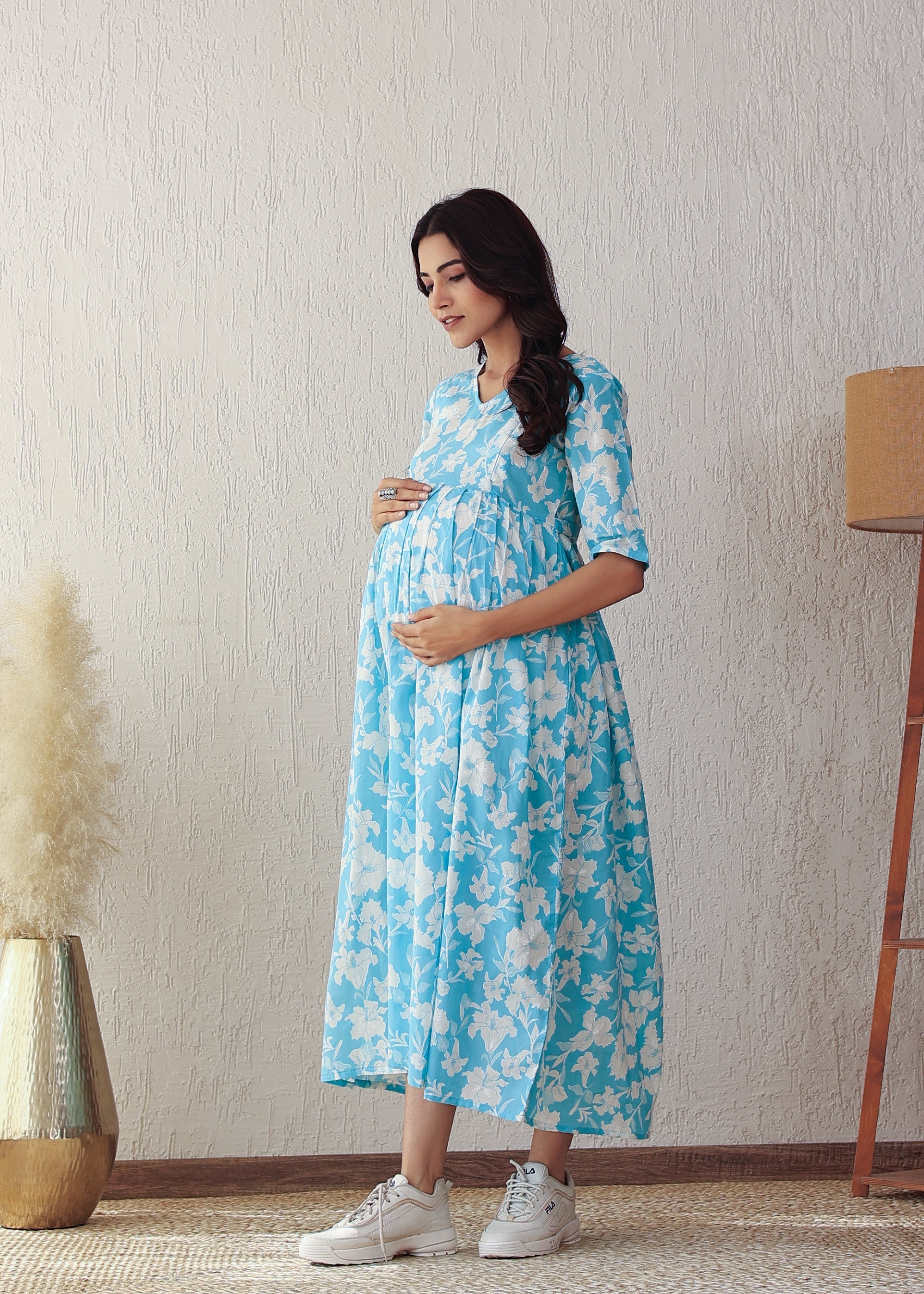 Plus Size Sky Blue Cotton Printed Nursing Gown