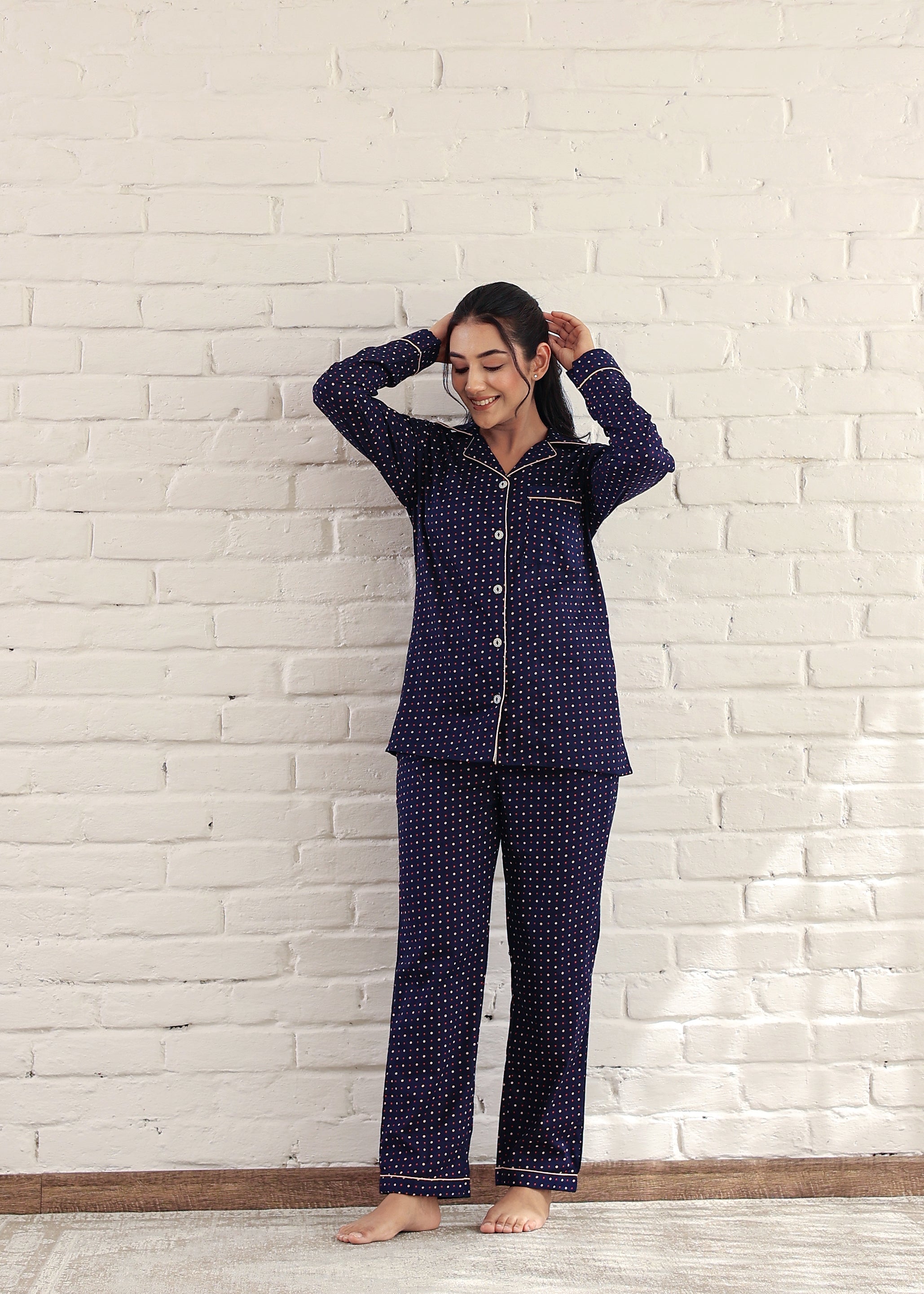 Plus Size Blue Dotted Cotton Night Suit: Cozy Comfort