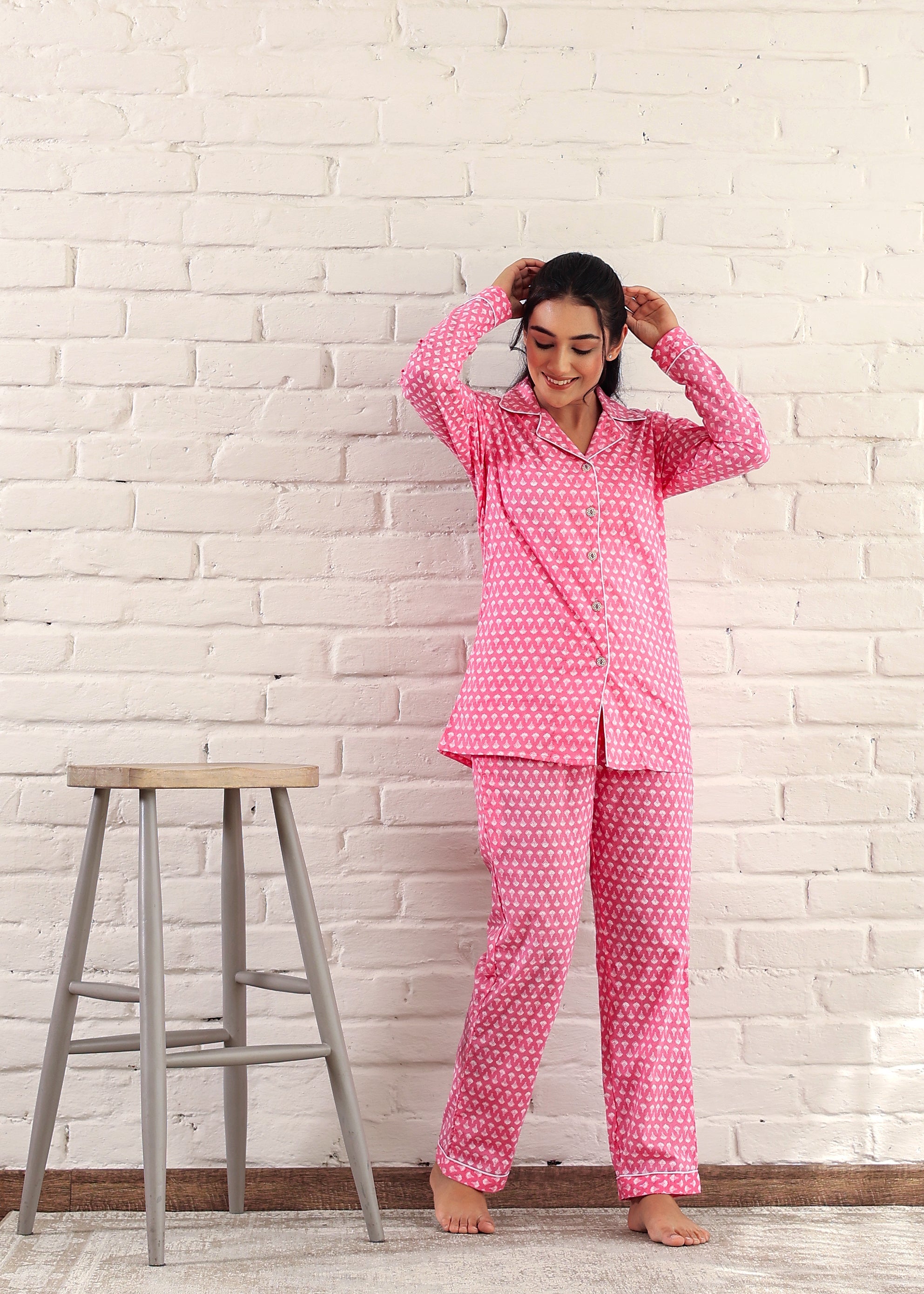 Pink Cotton Night Suit: Full Sleeves, Cuban Collar Top