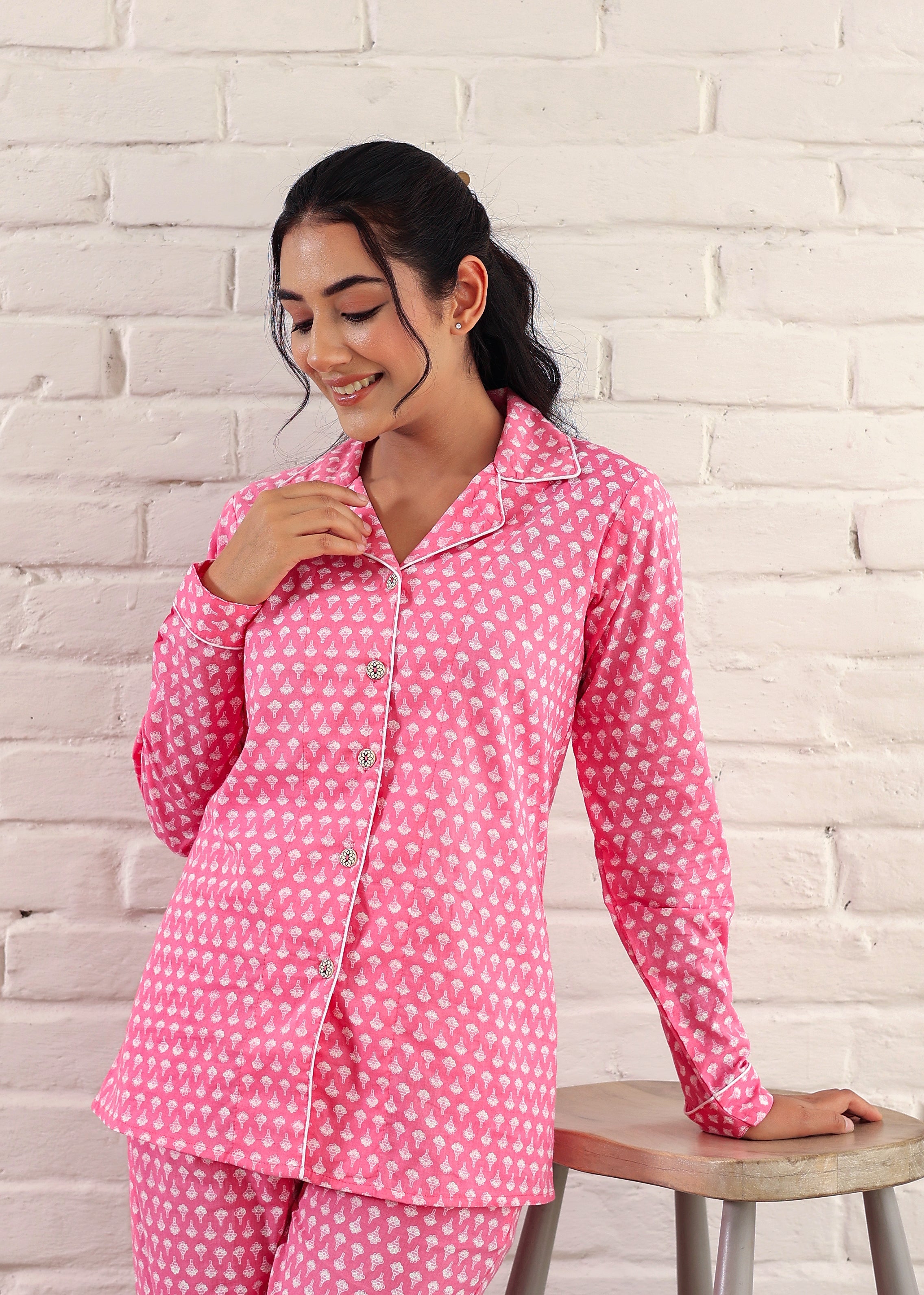 Pink Cotton Night Suit: Full Sleeves, Cuban Collar Top