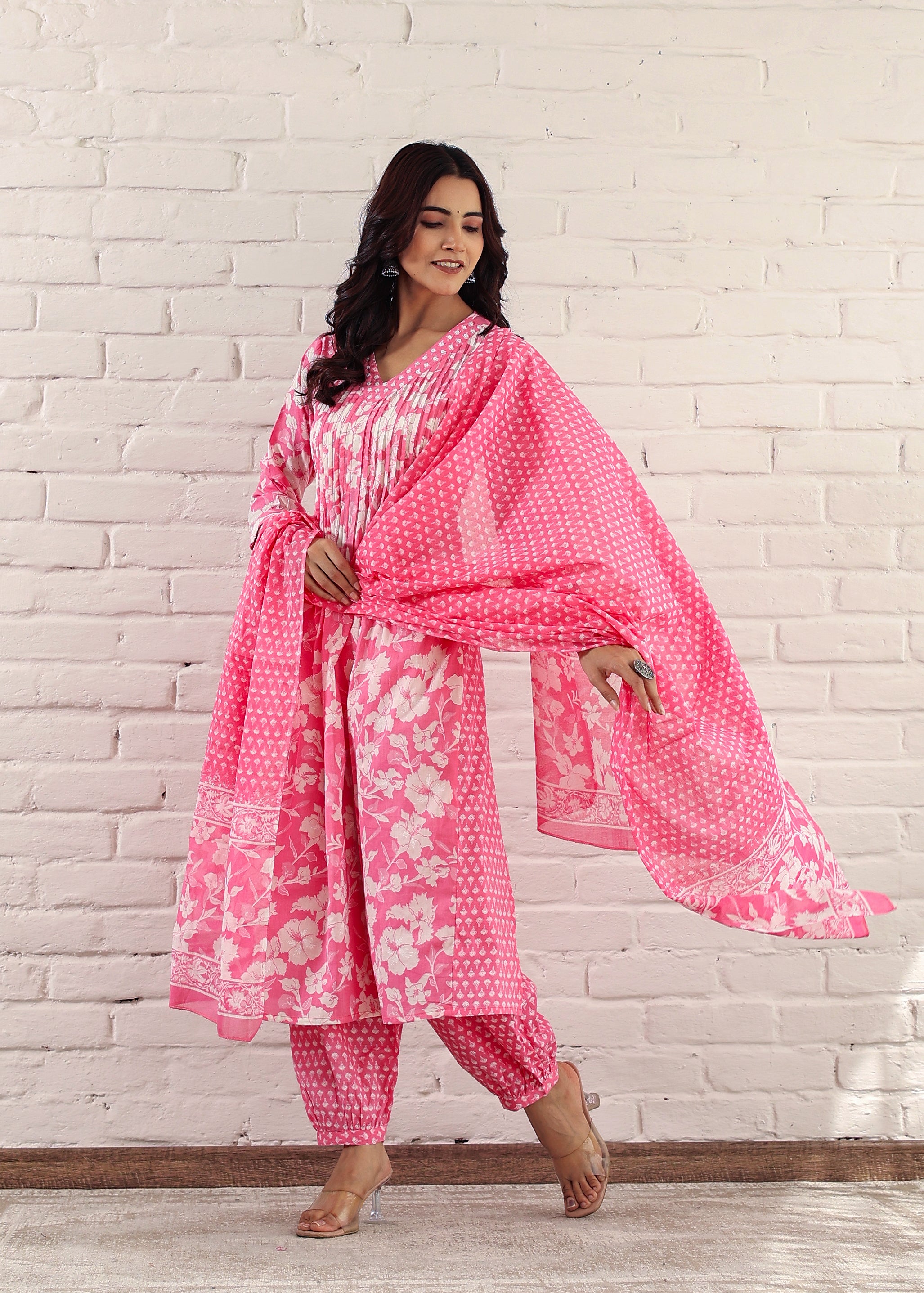 Pink Cotton Printed Kurta Pant and Dupatta Set