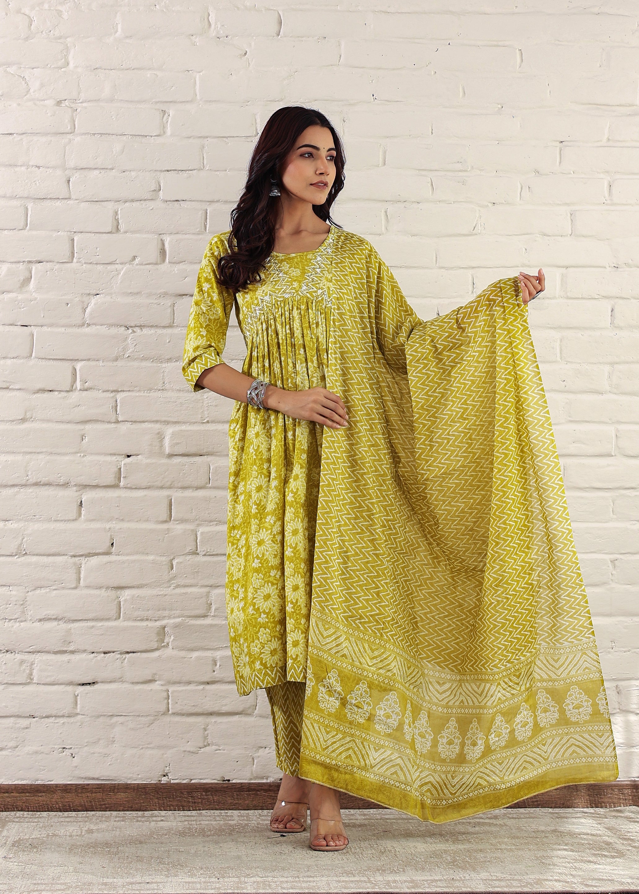 Plus Size Lime Green Cotton Sanganeri Printed Kurta Set