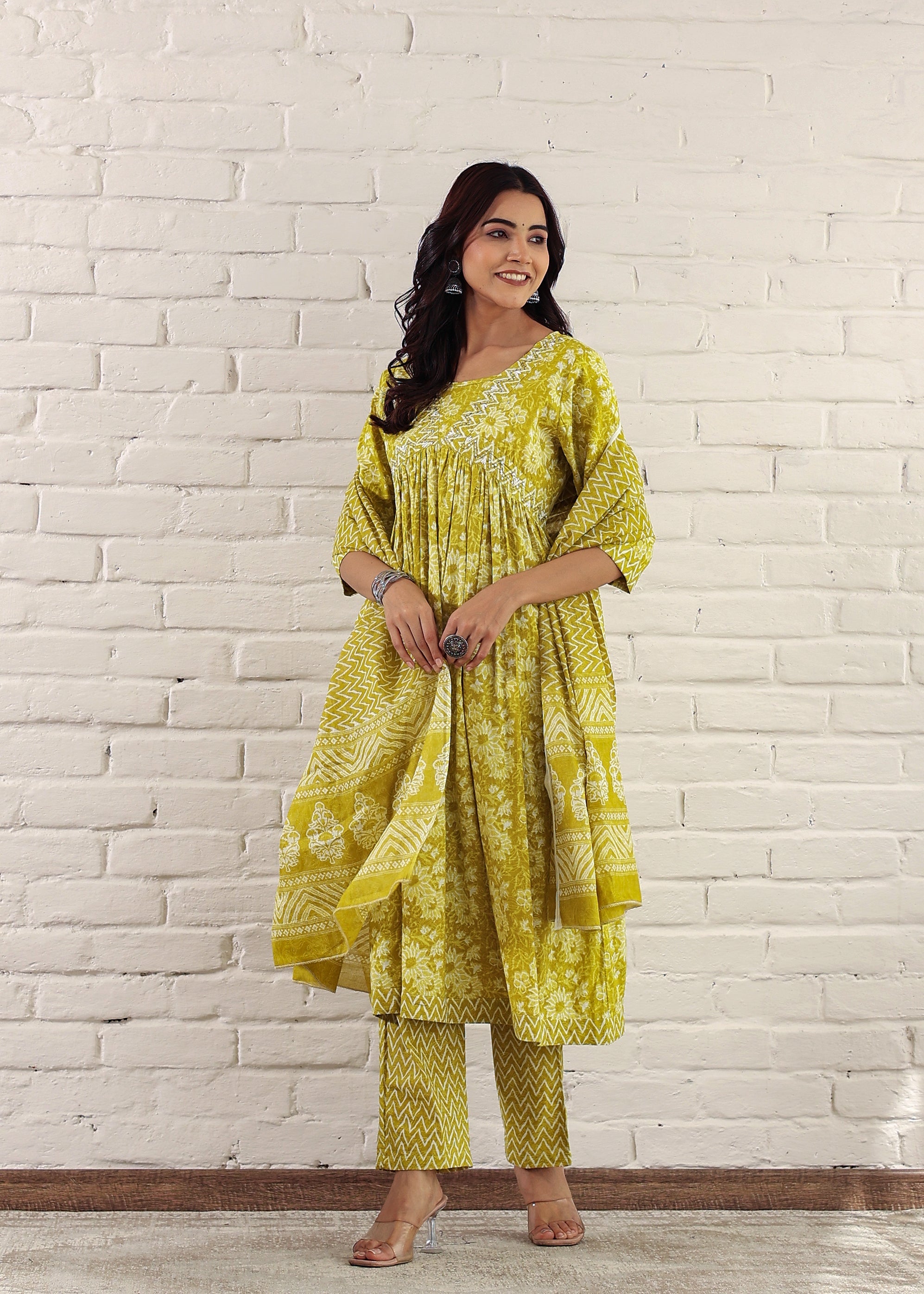 Plus Size Lime Green Cotton Sanganeri Printed Kurta Set