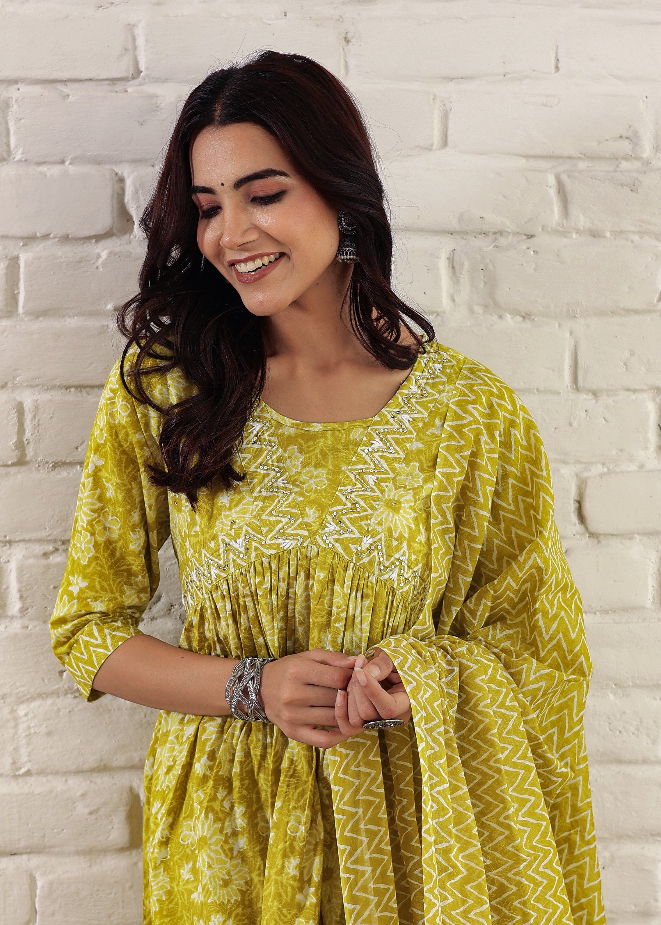 Plus Size Lime Green Cotton Sanganeri Printed Kurta Set