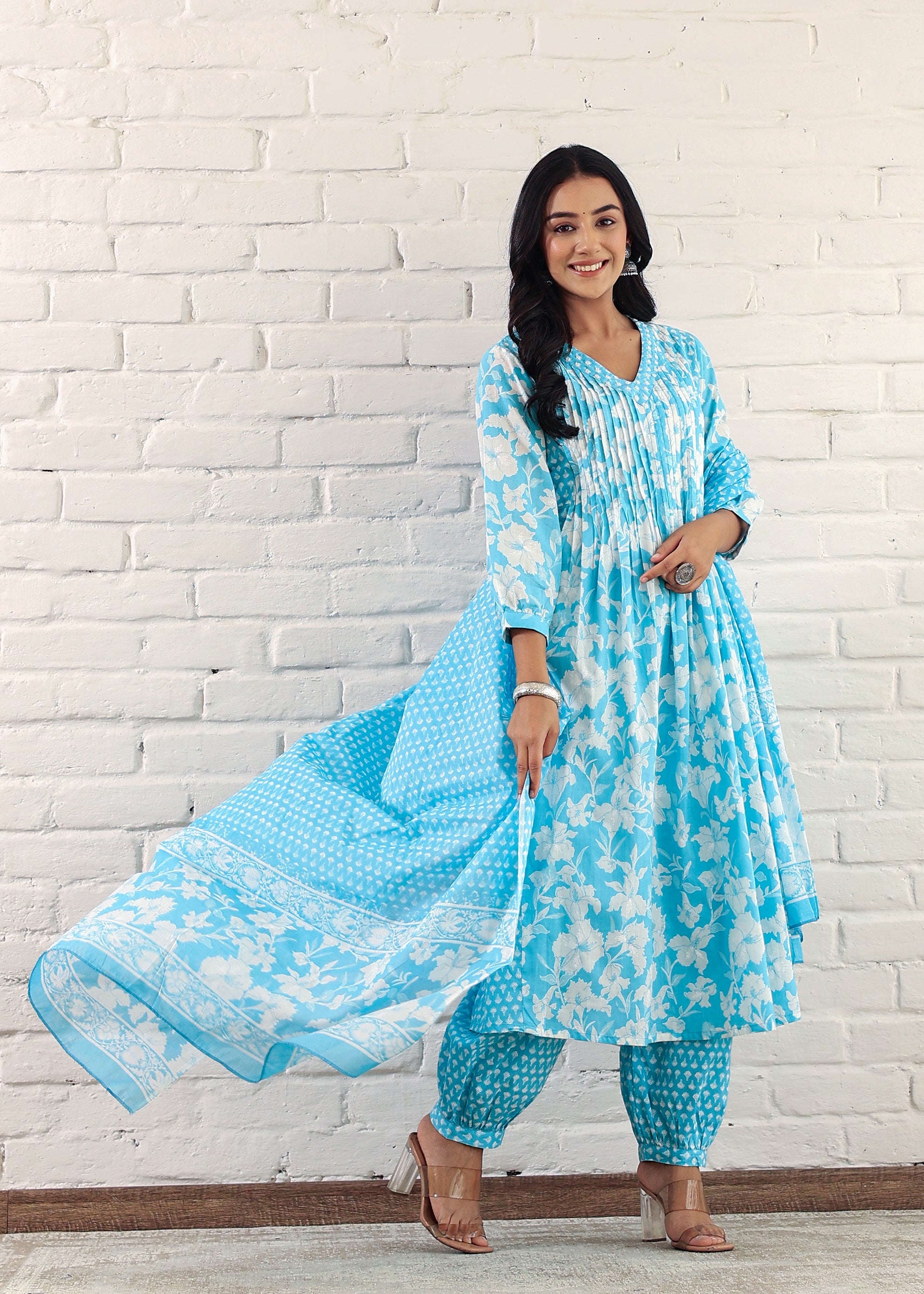 Blue Cotton Floral Print Kurta Set With Dupatta