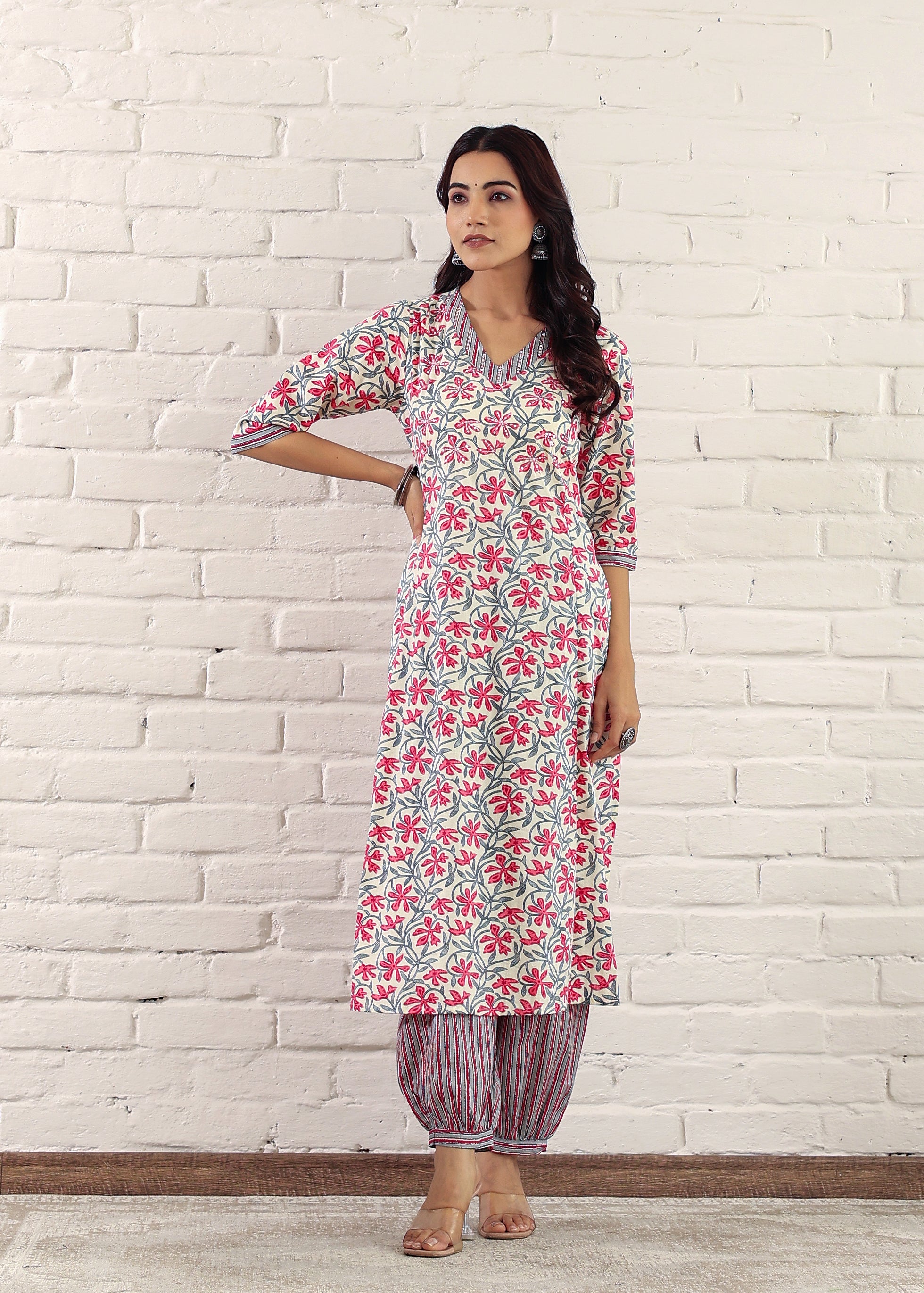 Pink Cotton Sanganeri Floral Print A-Line Kurta Set