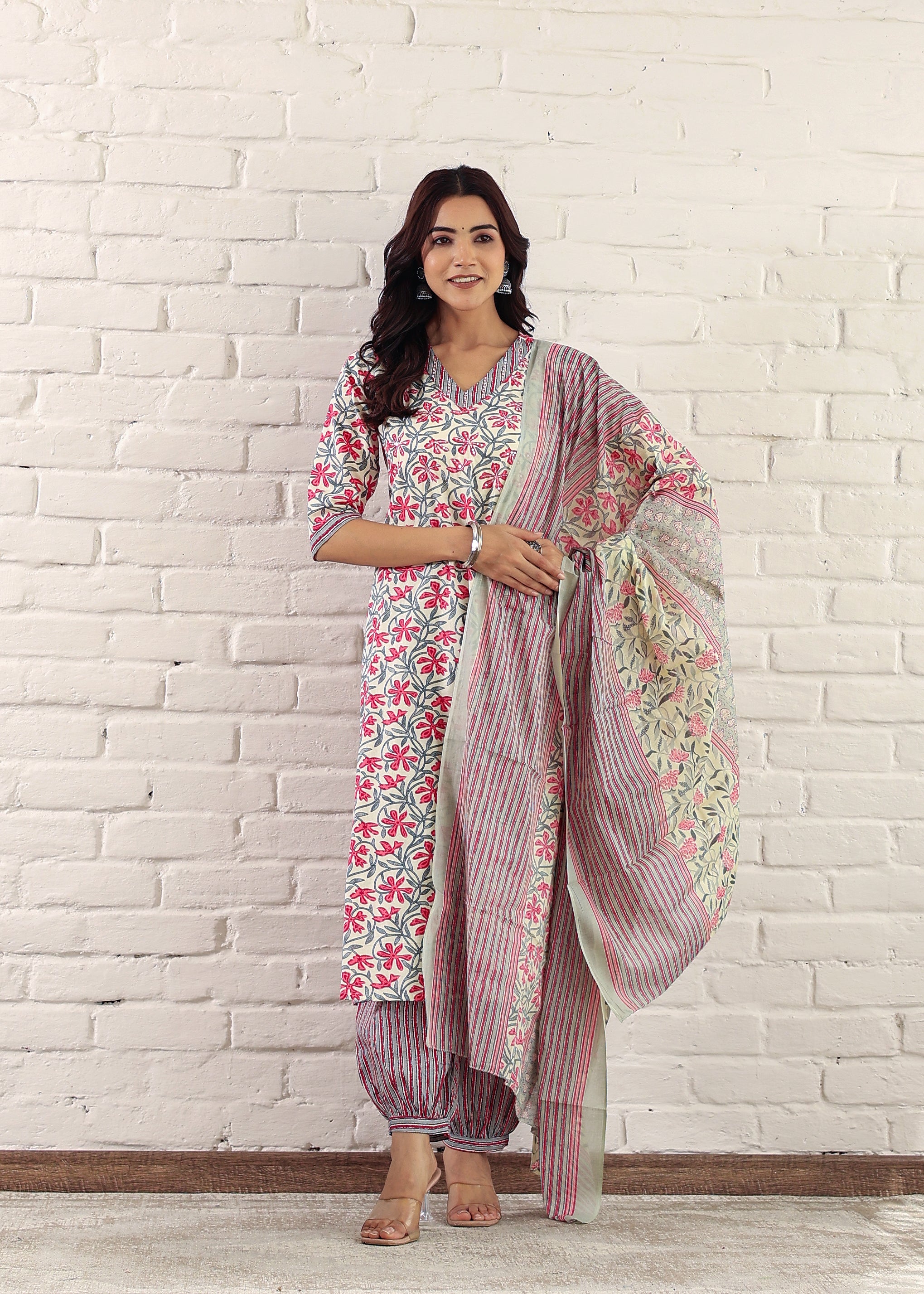 Pink Cotton Sanganeri Floral Print A-Line Kurta Set