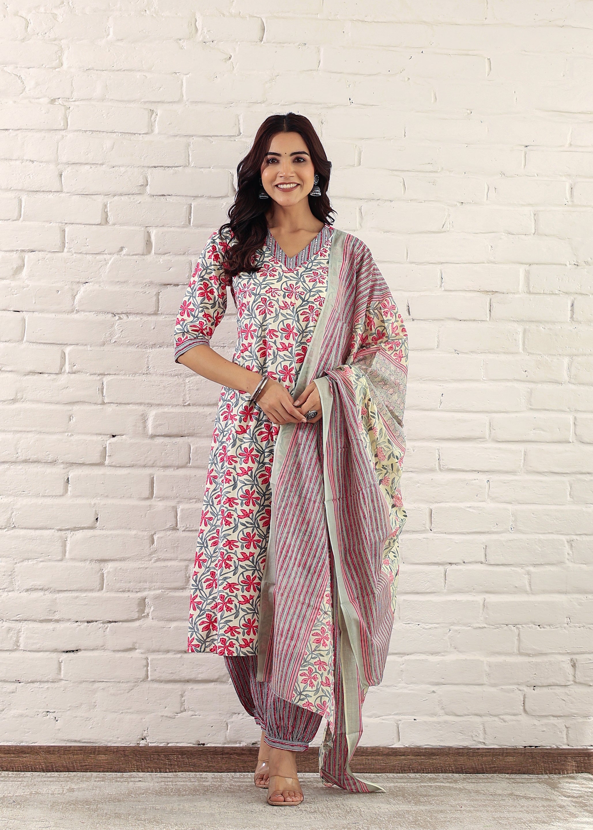 Plus Size Pink Cotton Sanganeri Floral Print A-Line Kurta Set