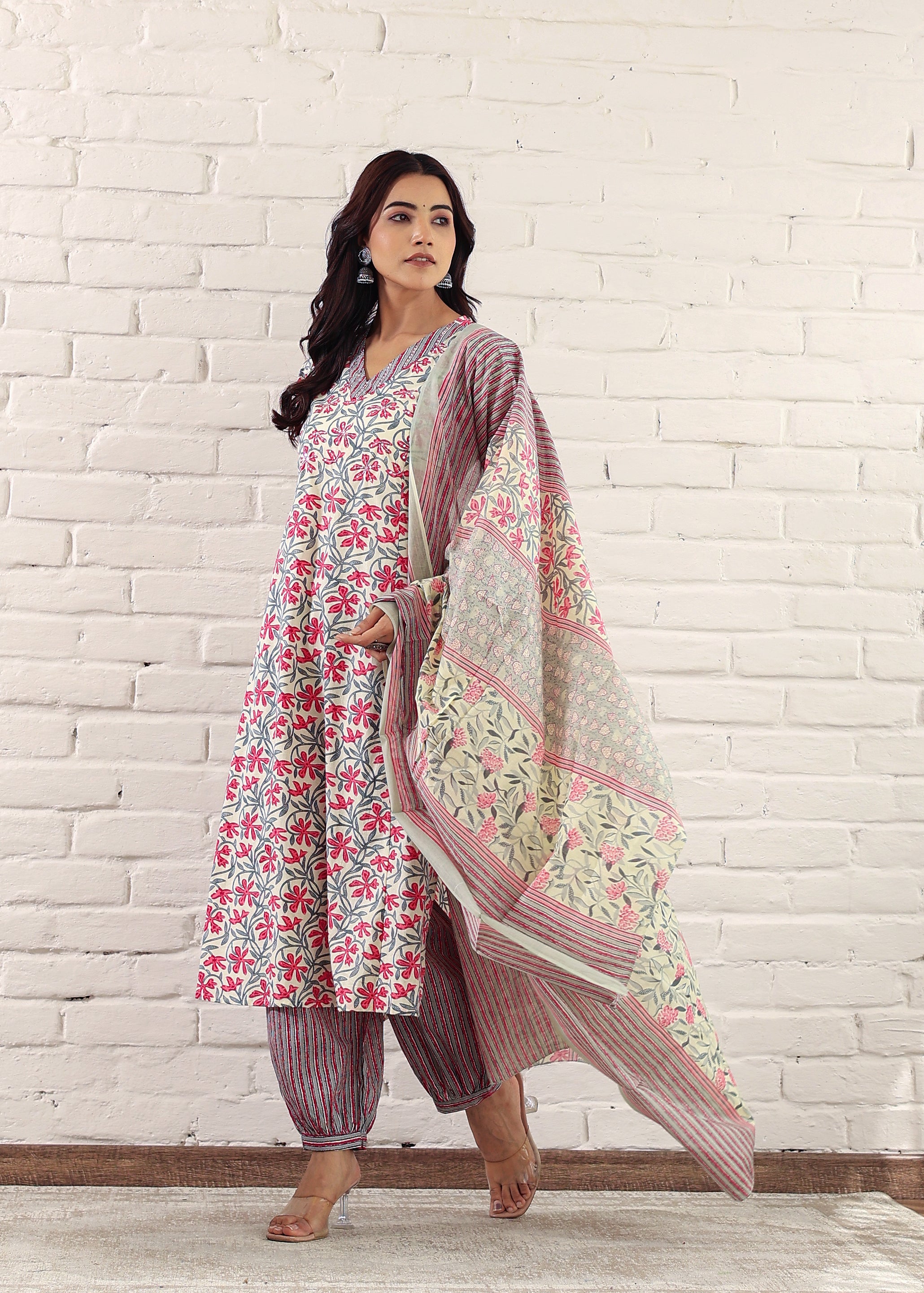 Pink Cotton Sanganeri Floral Print A-Line Kurta Set