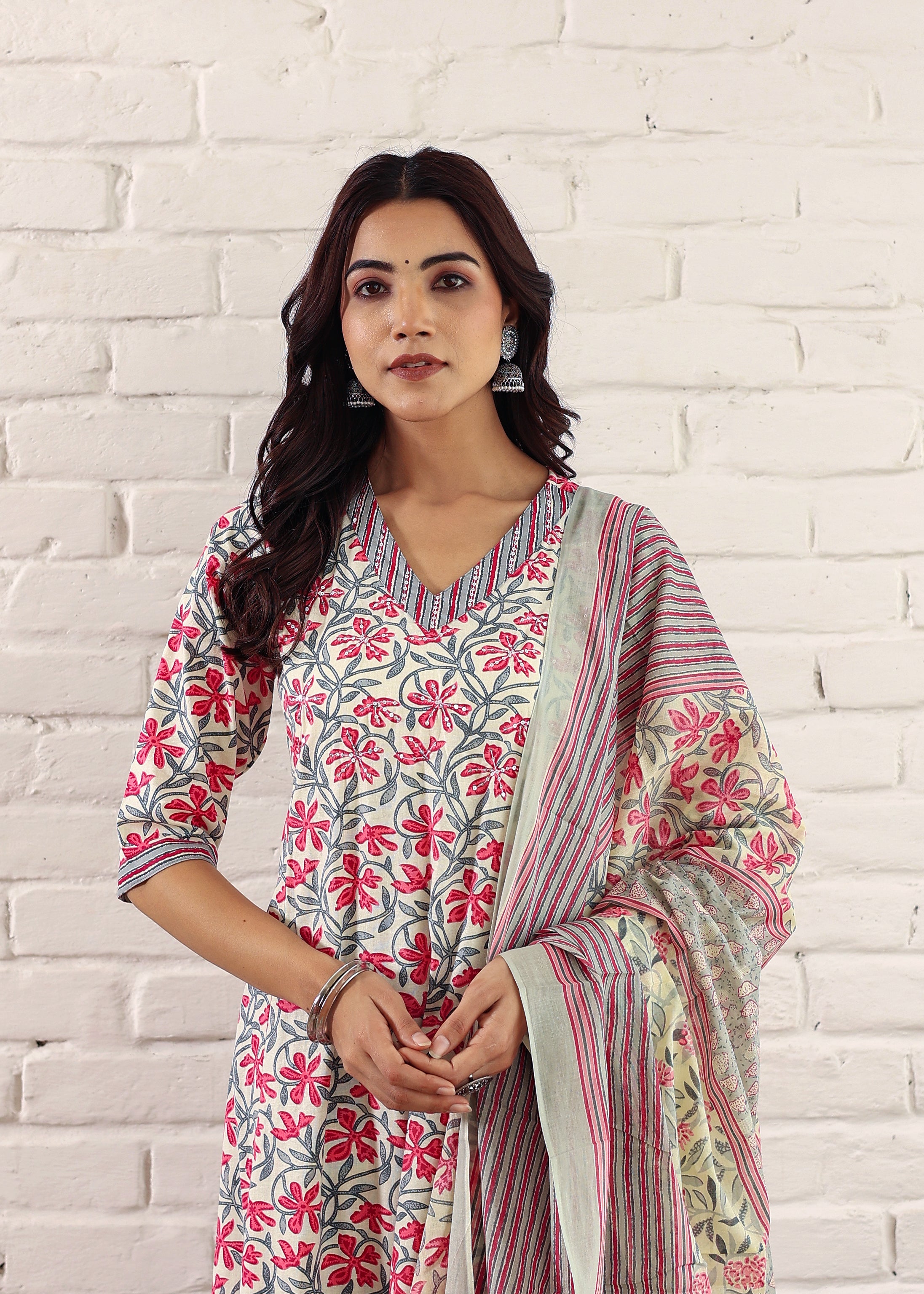 Pink Cotton Sanganeri Floral Print A-Line Kurta Set