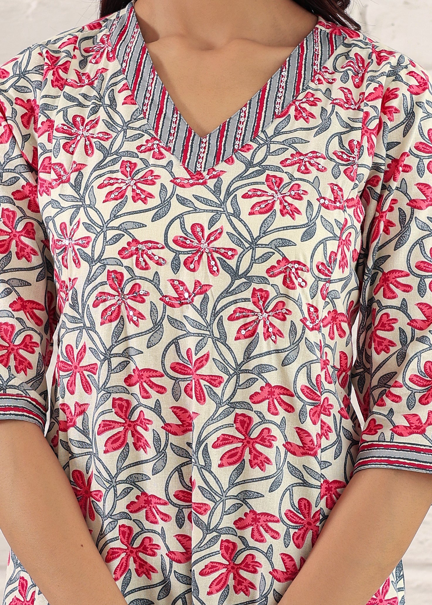 Plus Size Pink Cotton Sanganeri Floral Print A-Line Kurta Set