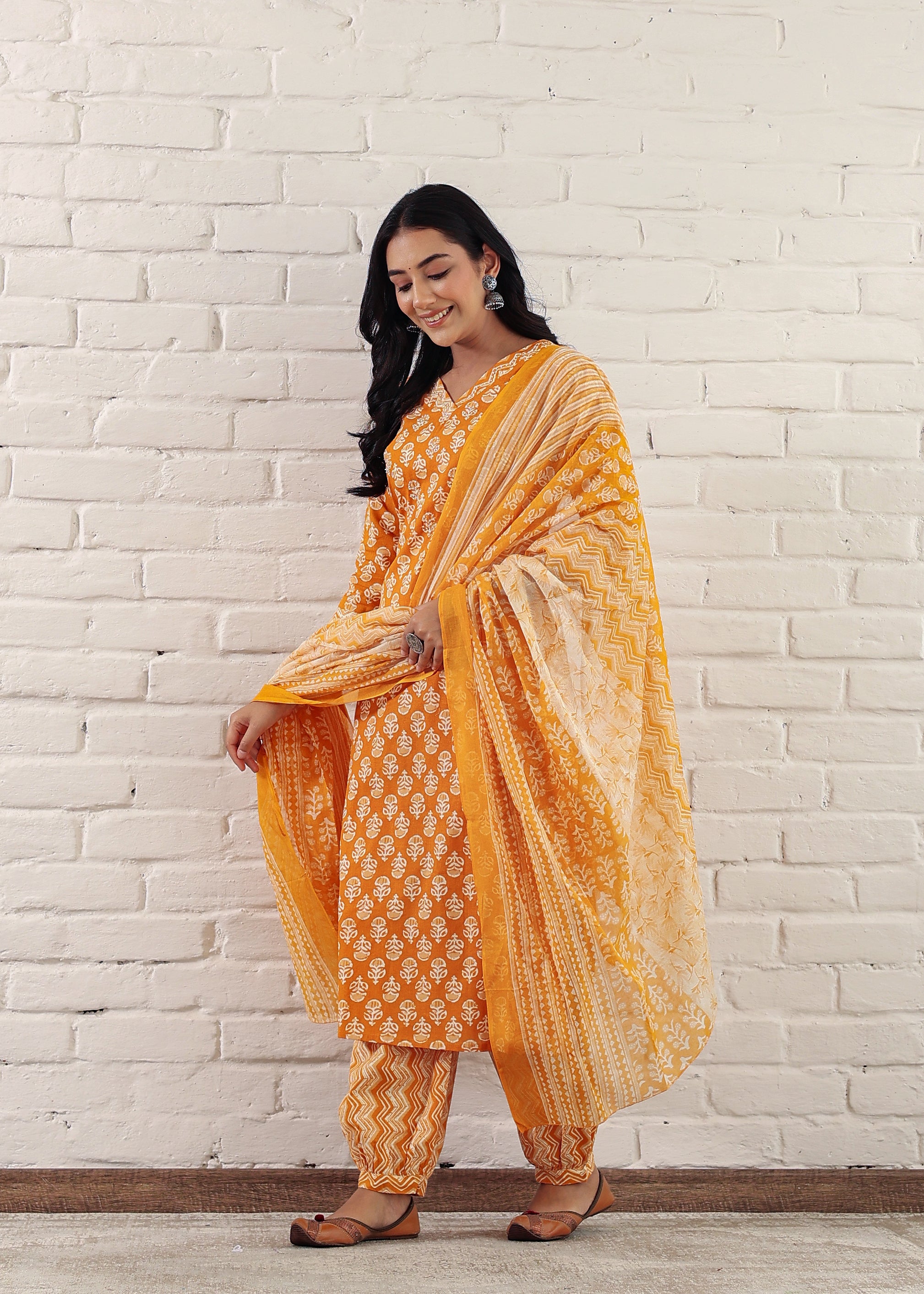 Yellow Sanganeri Printed Cotton Kurta Pant and Dupatta Set