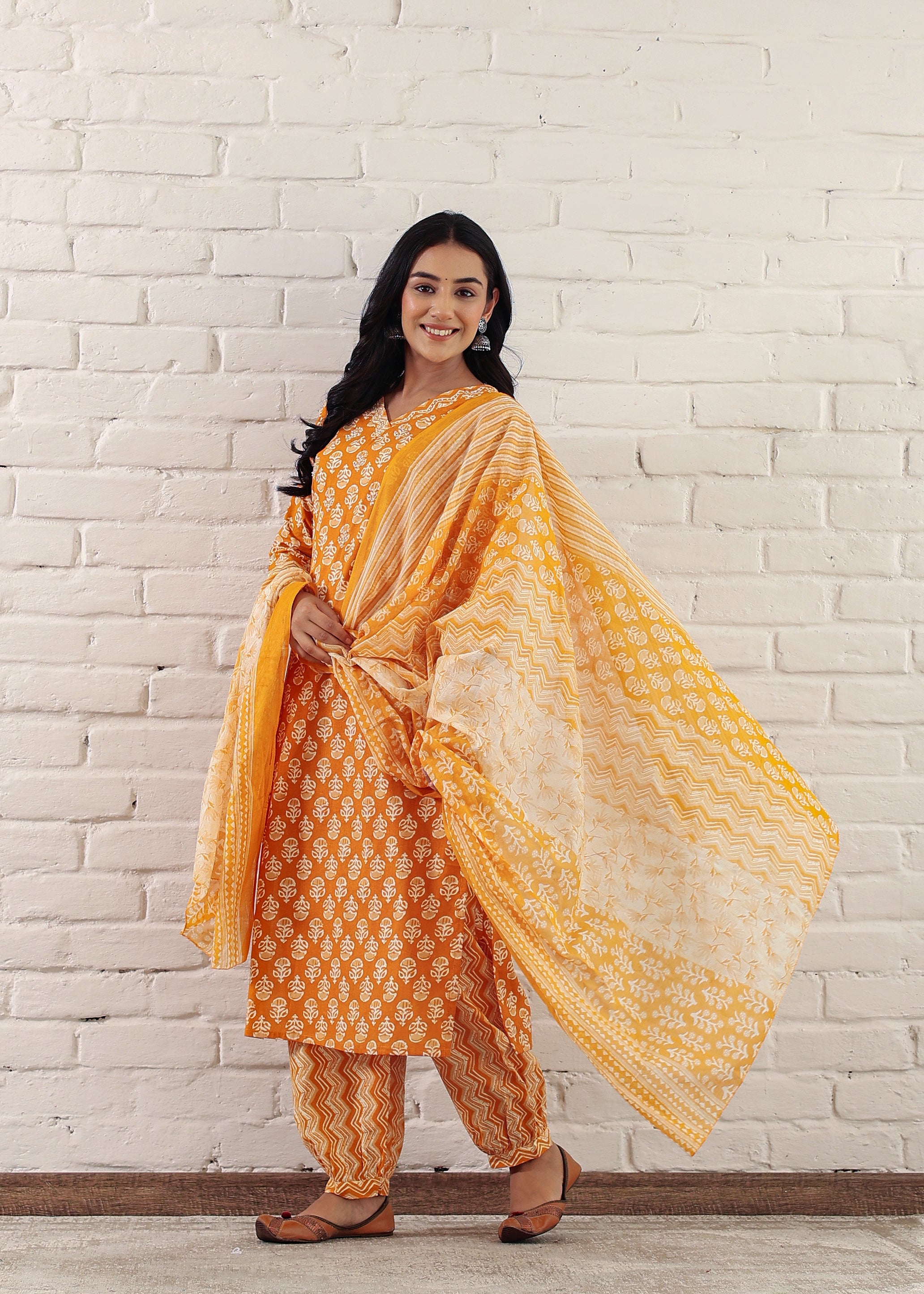 Yellow Cotton Sanganeri Printed Kurta Set with Dupatta